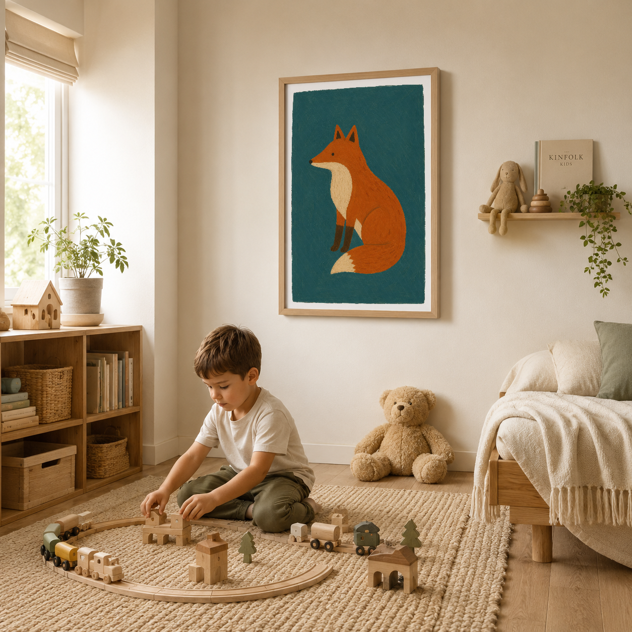 Çocuk yatak odasında sergilenen tilki sanat eseri, eğlenceli oyun alanı ve okumanın kalpyüksek tasarımı.
