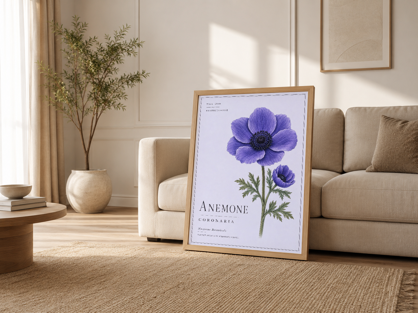 Krem tonlu oturma odasında, ahşap çerçeveli mor anemone posteri kanepenin yanında dekore edici unsur.