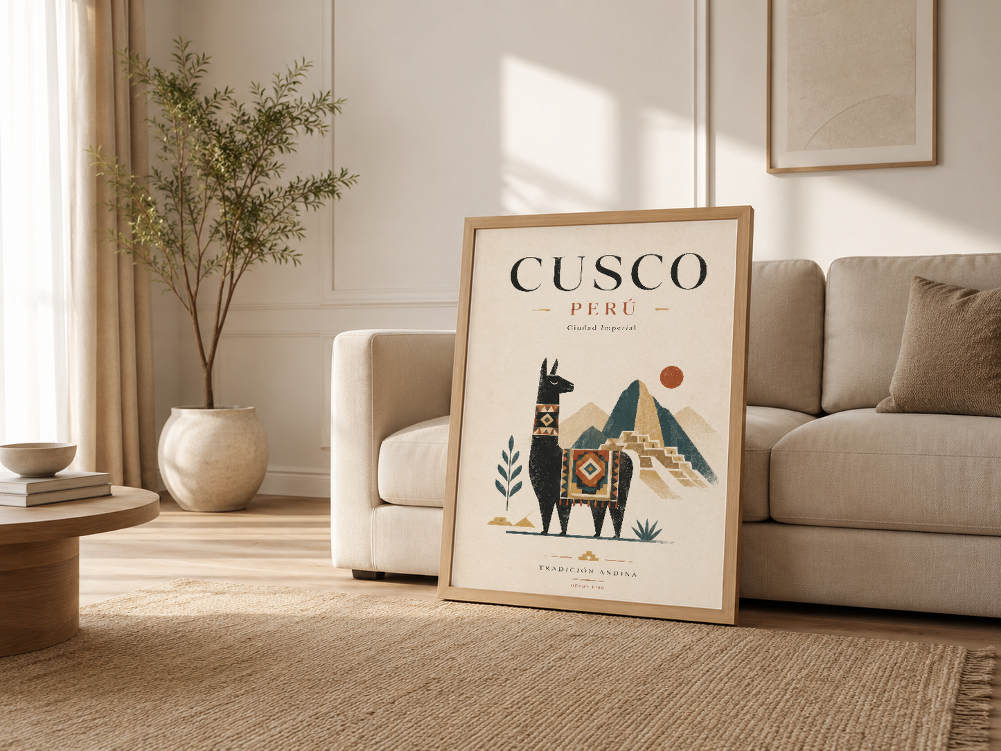 Modern oturma odasında ahşap çerçeveli Cusco Perú posteri, etnik sanat dekorasyonu.