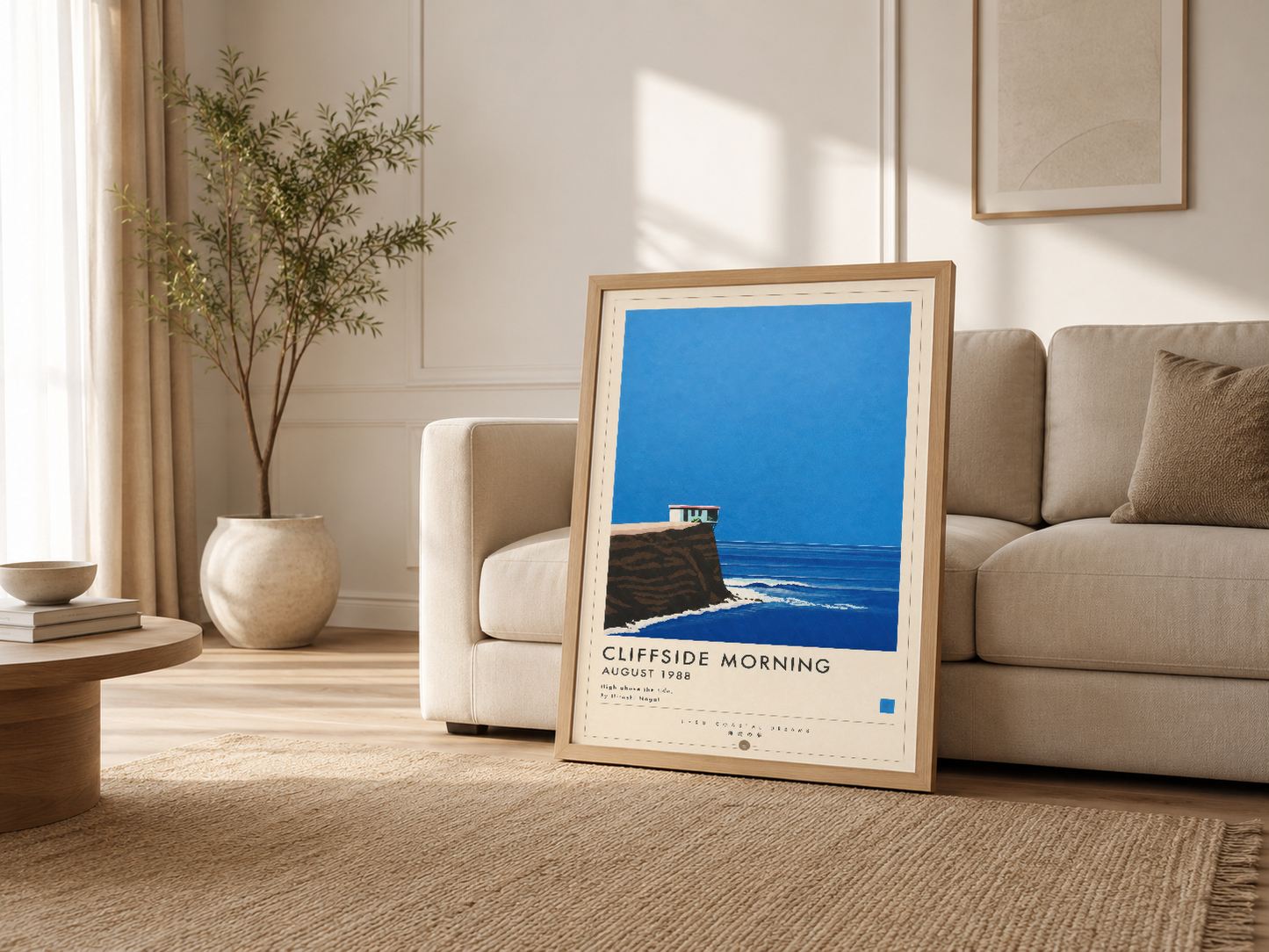 Salon ortamında doğal ahşap çerçekedeki Cliffside Morning posteri, kanepenin yanında rahat ve şık dekorasyon aksesuarı olarak