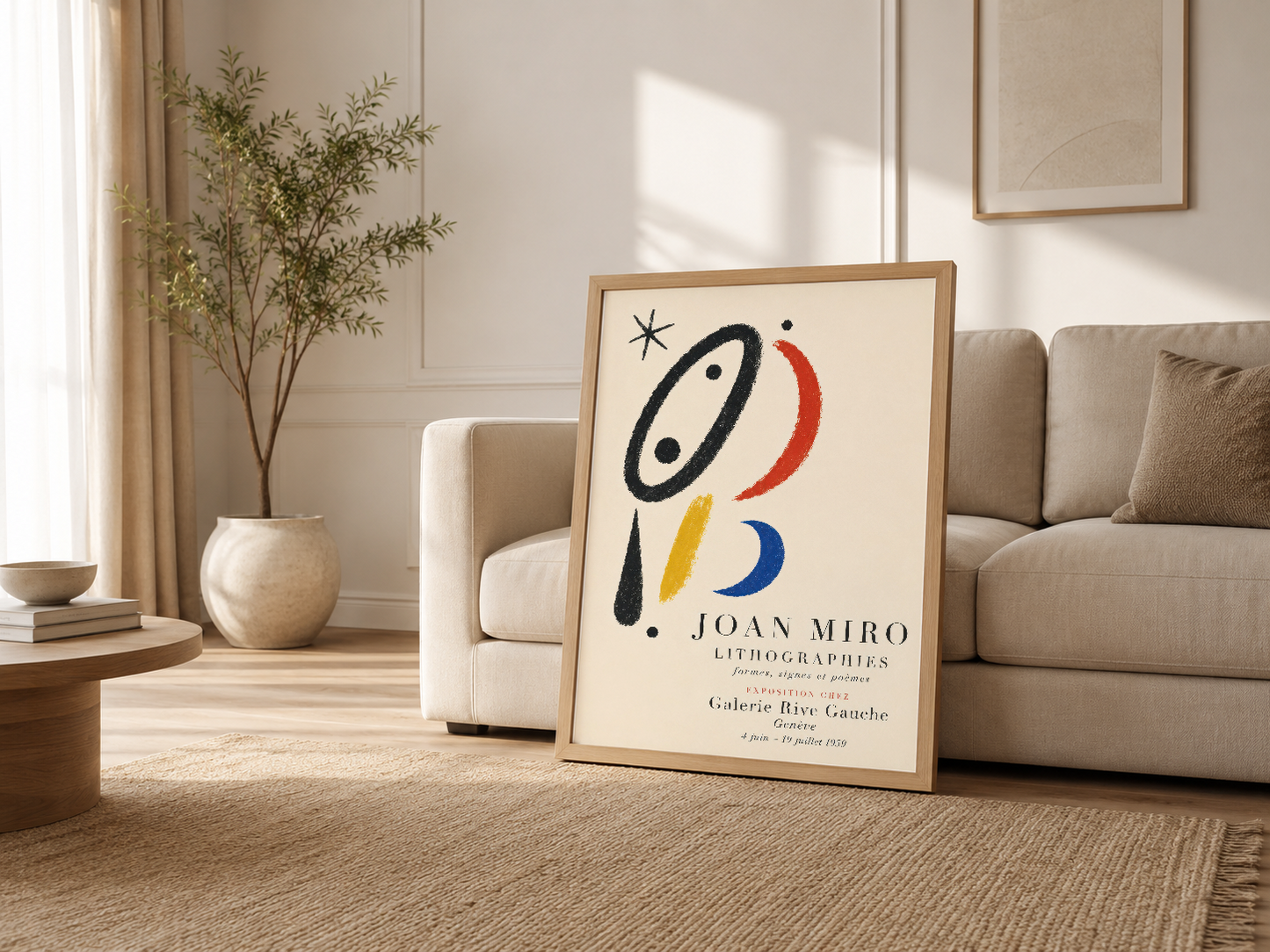 Skandinavyen tarzı oturma odasında, doğal ahşap çerçeveli Miro Lithographies posteri kanepede.