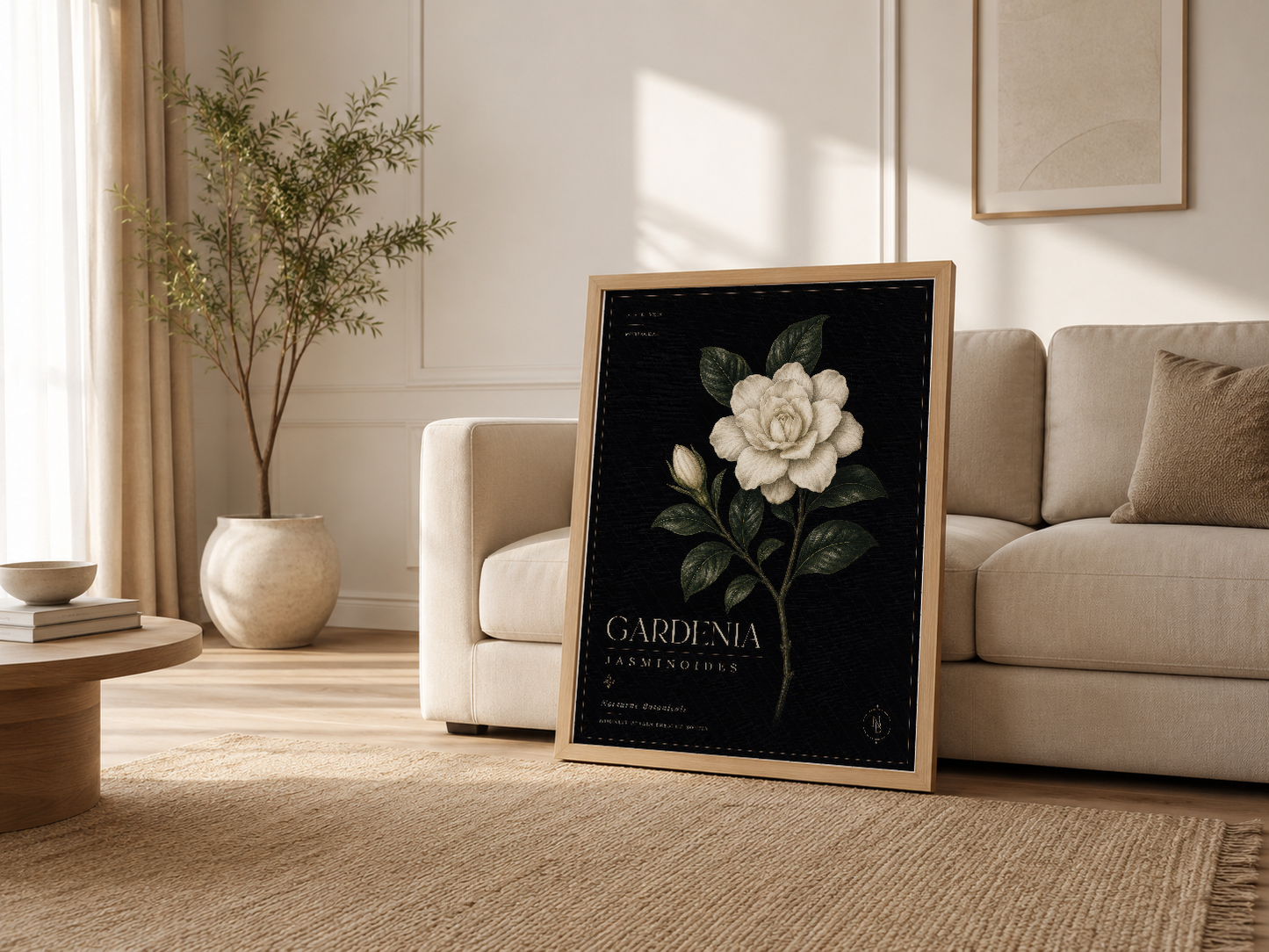 Salon dekorasyonunda ahşap çerçeveli gardenia tablosu, kanepenin yanında şık bir sanat ögesi olarak yer alıyor.