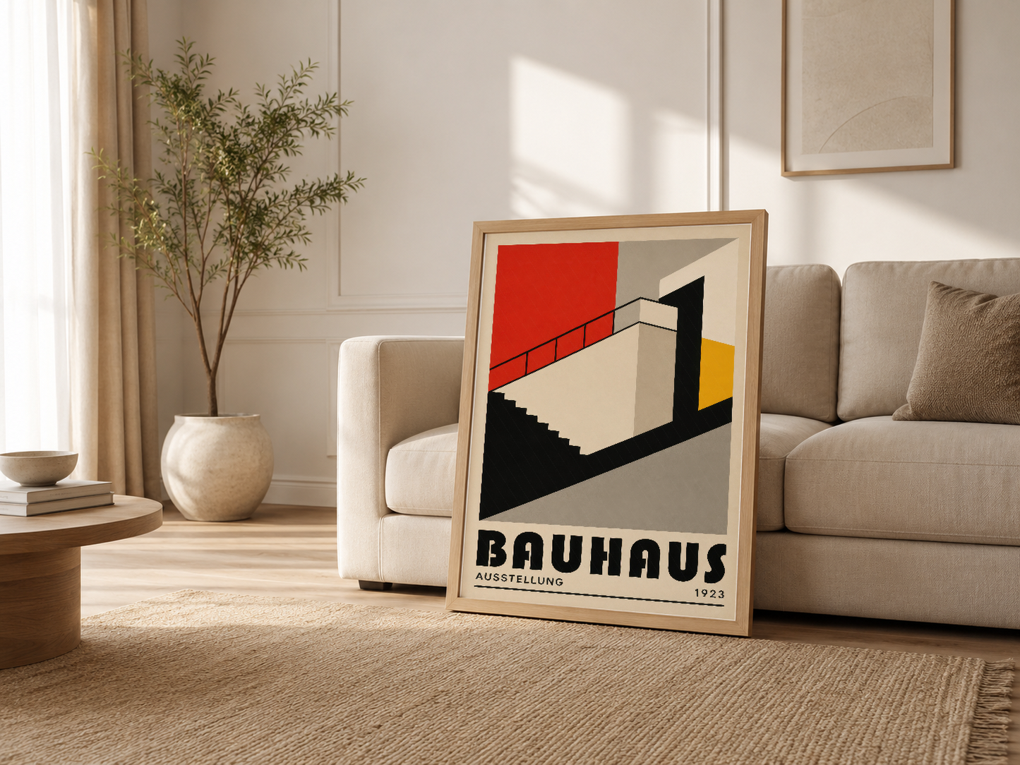 Krem tonlu modern oturma odasında ahşap çerçeveli Bauhaus posteri, yumuşak tasarımla sanatsal aksent.
