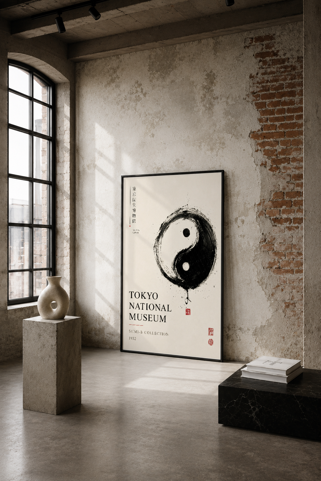 Endüstriyel tarzda gri duvarlı mekanda, yin-yang sembolü barındıran Tokyo National Museum tablosu sade ve modern çerçevesi