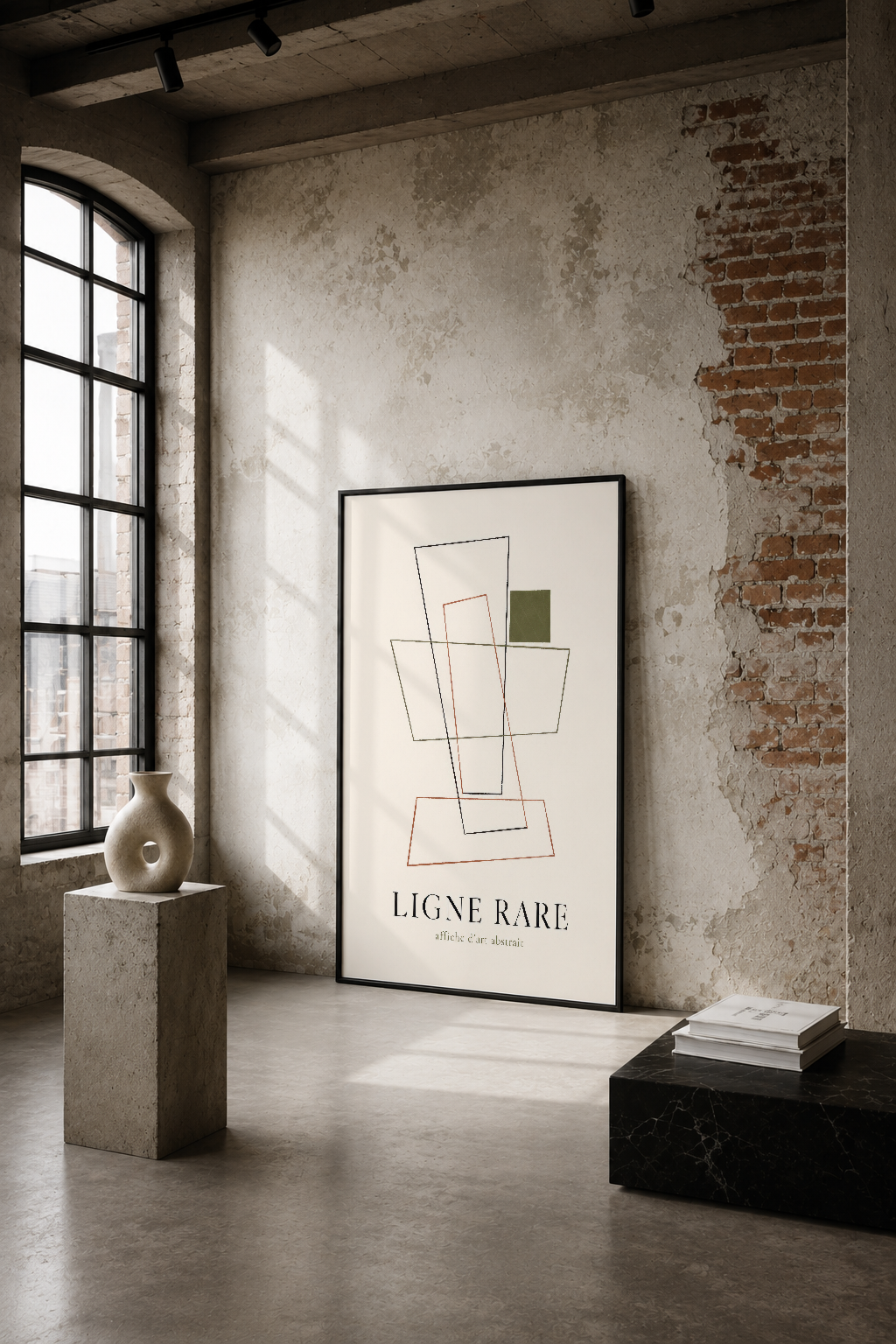 Soyut geometrik çizgiler ve yeşil aksentle minimalist modern sanat poster, endüstriyel loft alanında.