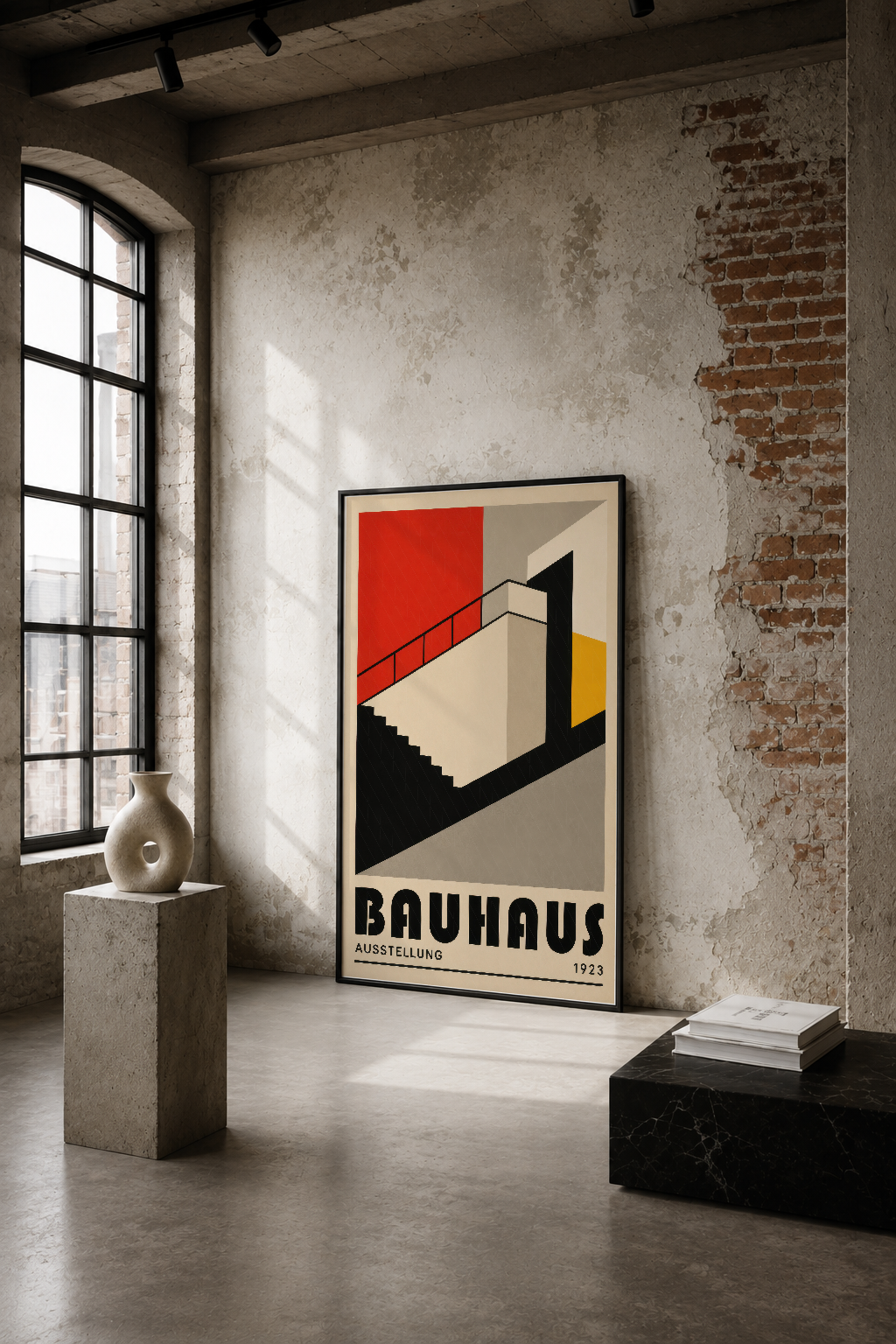 Bauhaus 1923 sanat tablosu, geometrik tasarımı ve canlı renkleriyle endüstriyel loft dekorunda yer alan klasik poster.