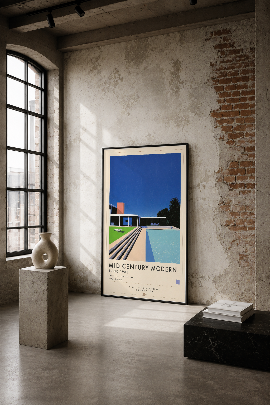 Yüksek tavanı ve tuğla duvarları olan endüstriyel mekanda, mid-century modern mimari posterinin minimalist sergisi.