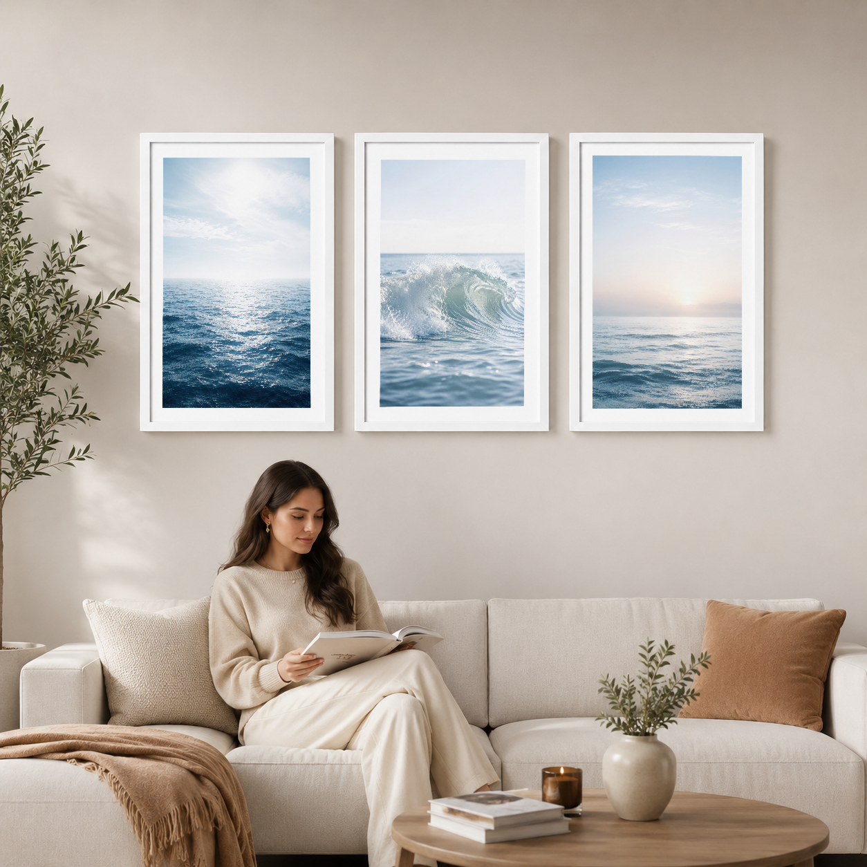 Deniz manzarası üç parçalı tablo seti, modern oturma odasında kanepenin üstünde sergilenen, okyanus ve günışığı temalı sanat
