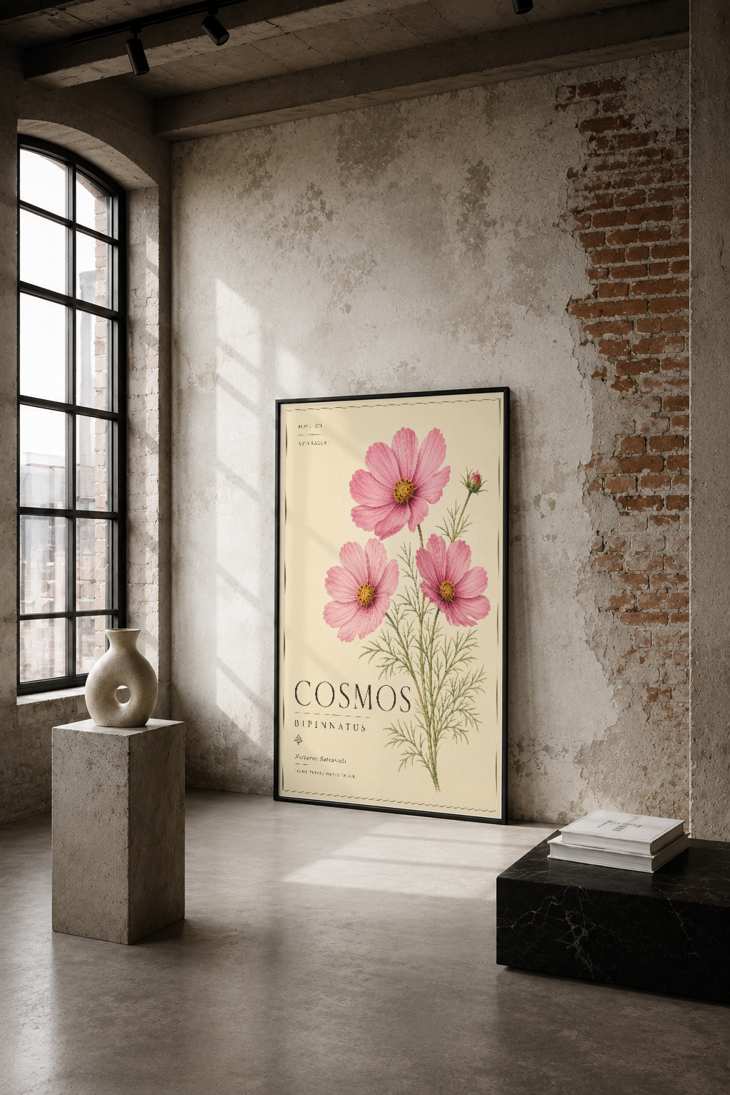 Pembe cosmos çiçekleri botanik illüstrasyonu, endüstriyel tarzda tuğla ve beton duvarlı mekanda.