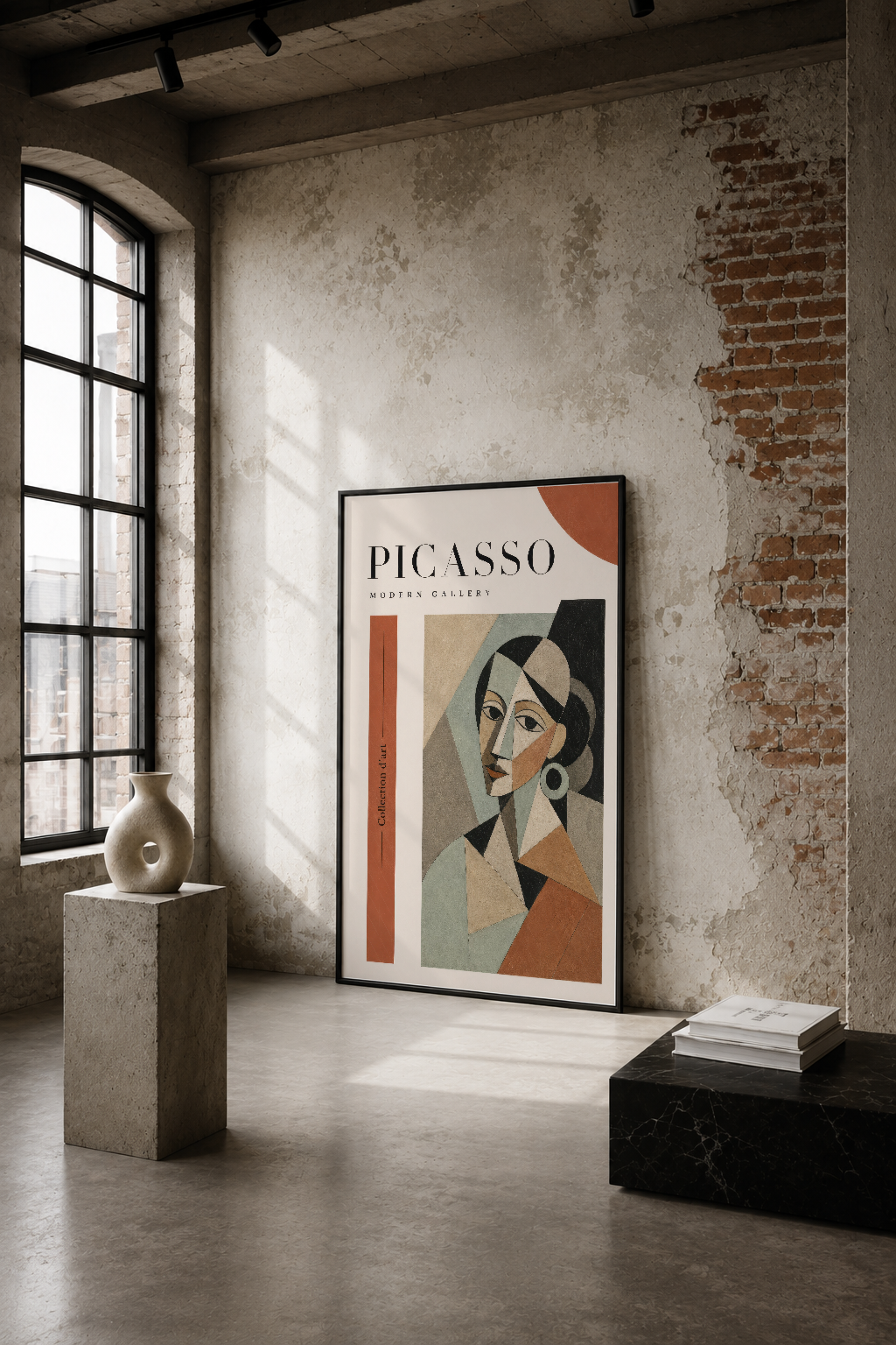 Picasso Modern Gallery posteri, endüstriyel bir mekanda tuğla duvarlar arasında sanat eserinin gücünü yansıtıyor.