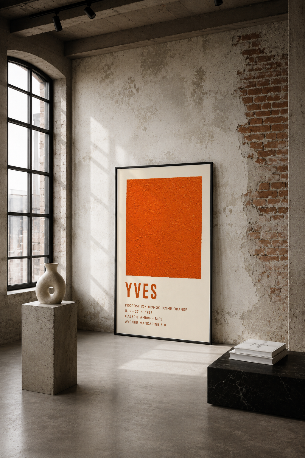 Endüstriyel loft ortamında, sıva duvarının üzerinde yanı sıra turuncu renkli YVES poster sanat baskısı.