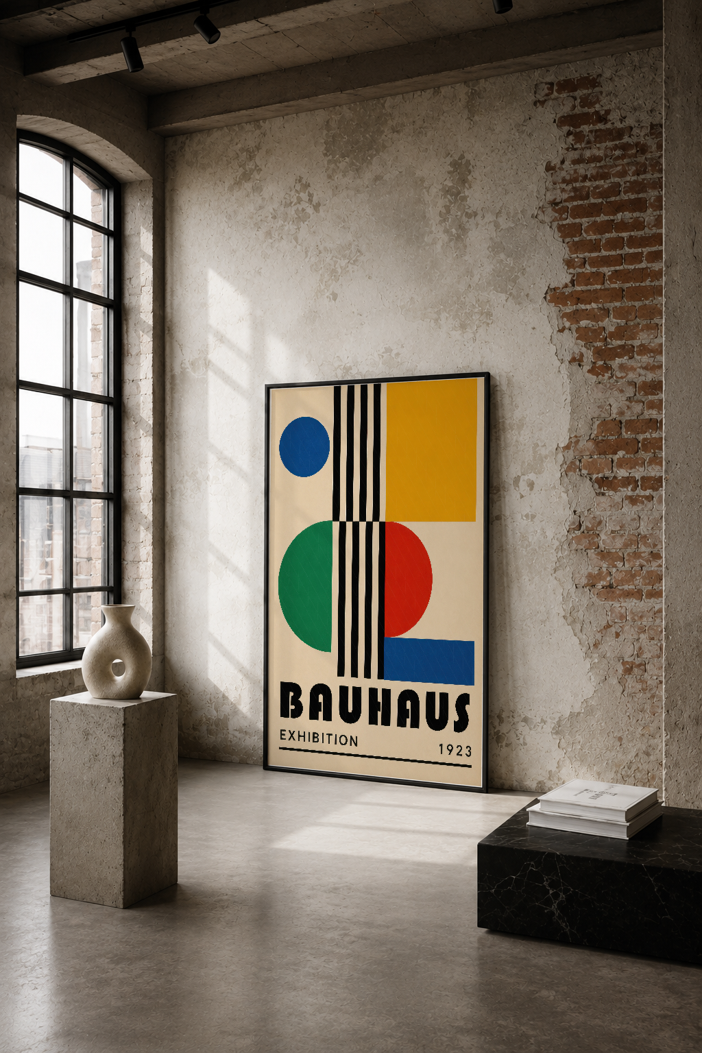 1923 Bauhaus sergisi posterinin özgün tasarımı, renkli geometrik şekiller ve siyah çizgilerle modern endüstriyel mekanda.