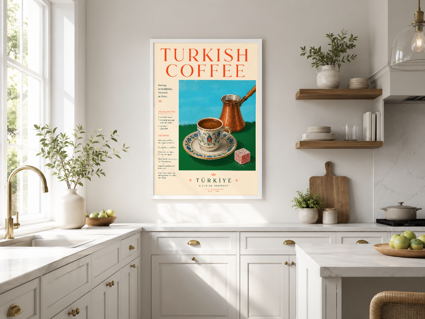 Türk kahvesi temalı retro poster, modern mutfakta kanepenin üstünde, vintage sanat tarzında.