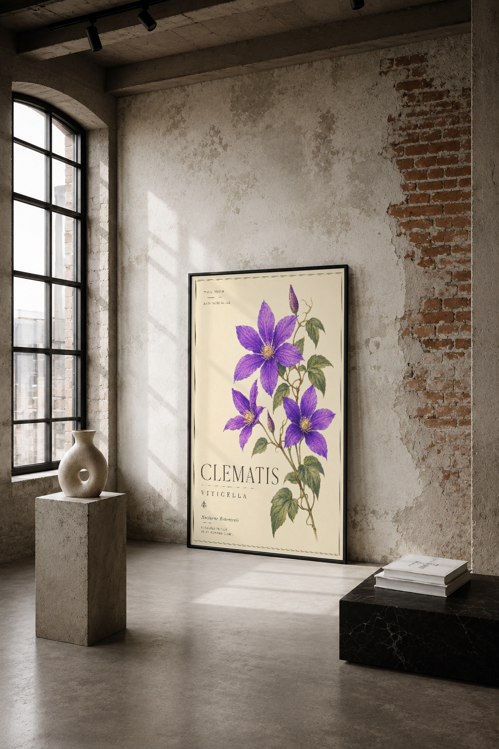 Mor clematis çiçeklerinin botanik çizimi, endüstriyel tarzda vintage duvar tablosu.