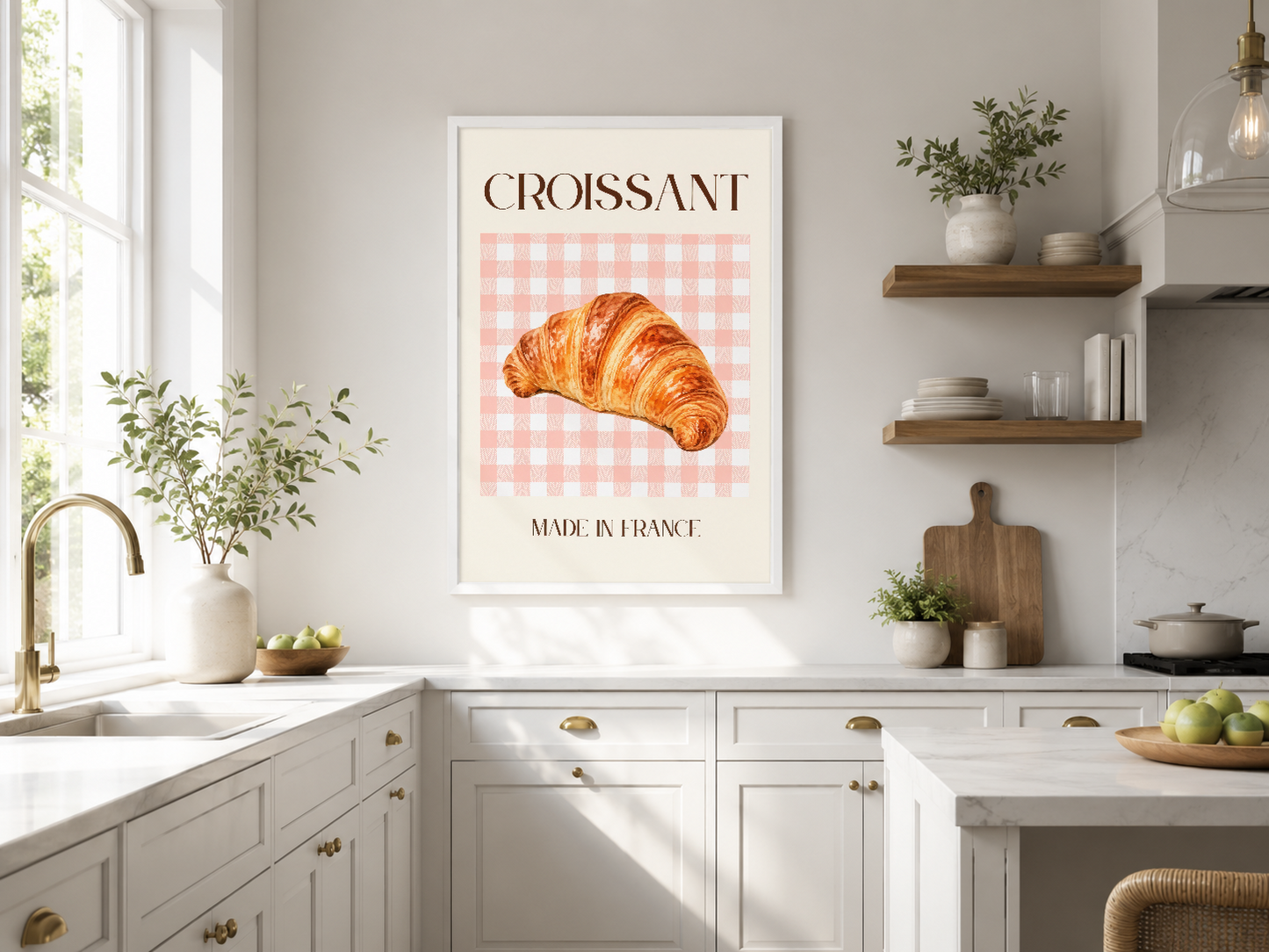 Vintage tarzda Croissant baskısı, pembe kareli desenli alanın ortasında altın rengi saç tabakası ile yapılmış croissant,