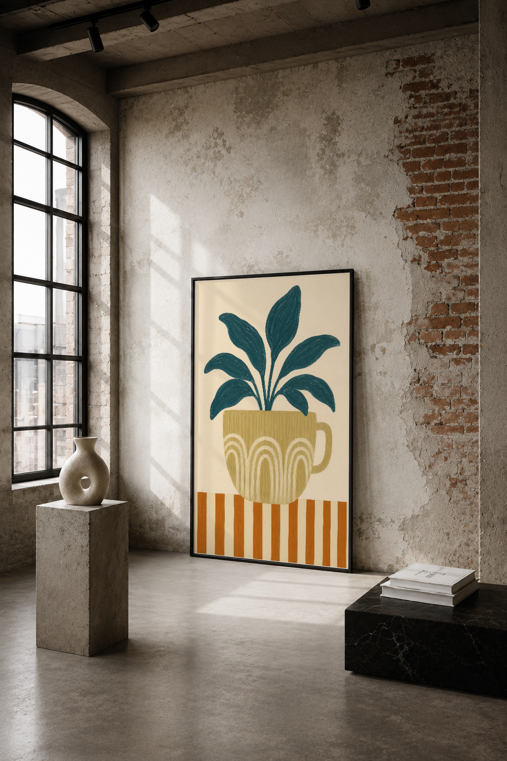 Endüstriyel loft alanında, turkuaz yapraklı bitki desenli minimalist sanat tablosu sade duvar dekorasyonu.