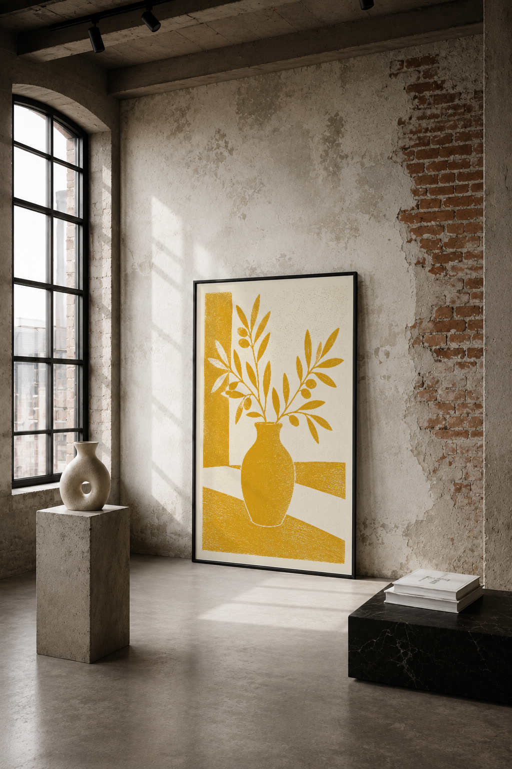 Sarı vazo ve yaprakları tema alan minimalist sanat tablosu, endüstriyel bir mekanın tuğla duvarında sergileniyor.