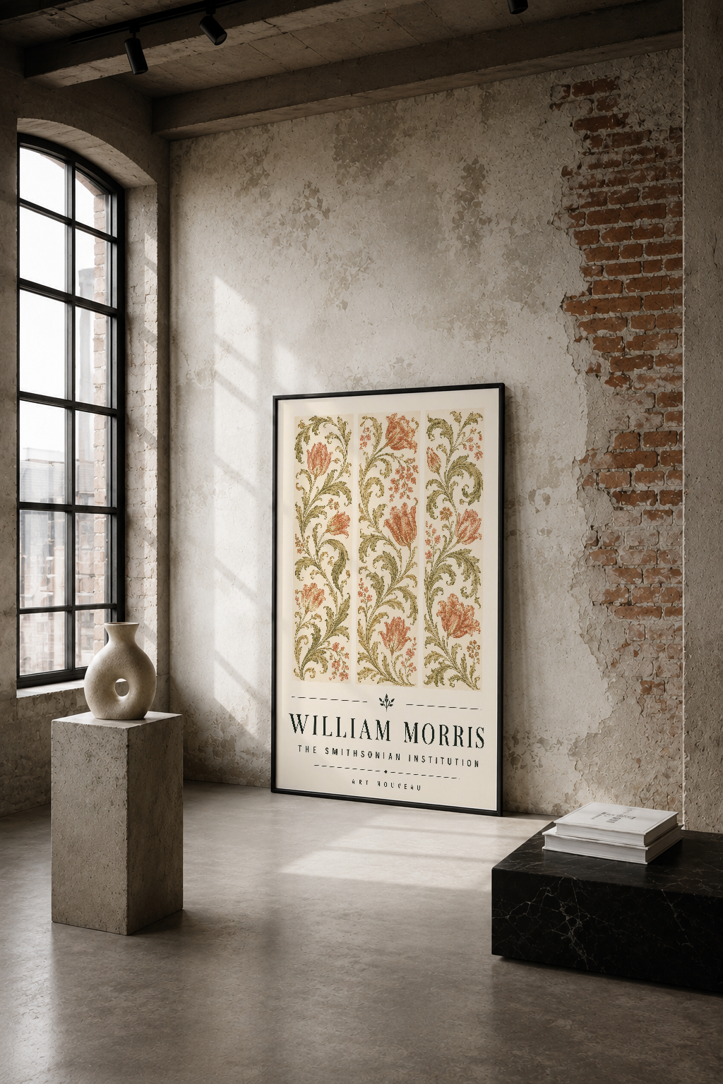 William Morris Art Nouveau tablosu, endüstriyel loft stilinde çiçek motifleriyle dekoratif duvar sanatı.