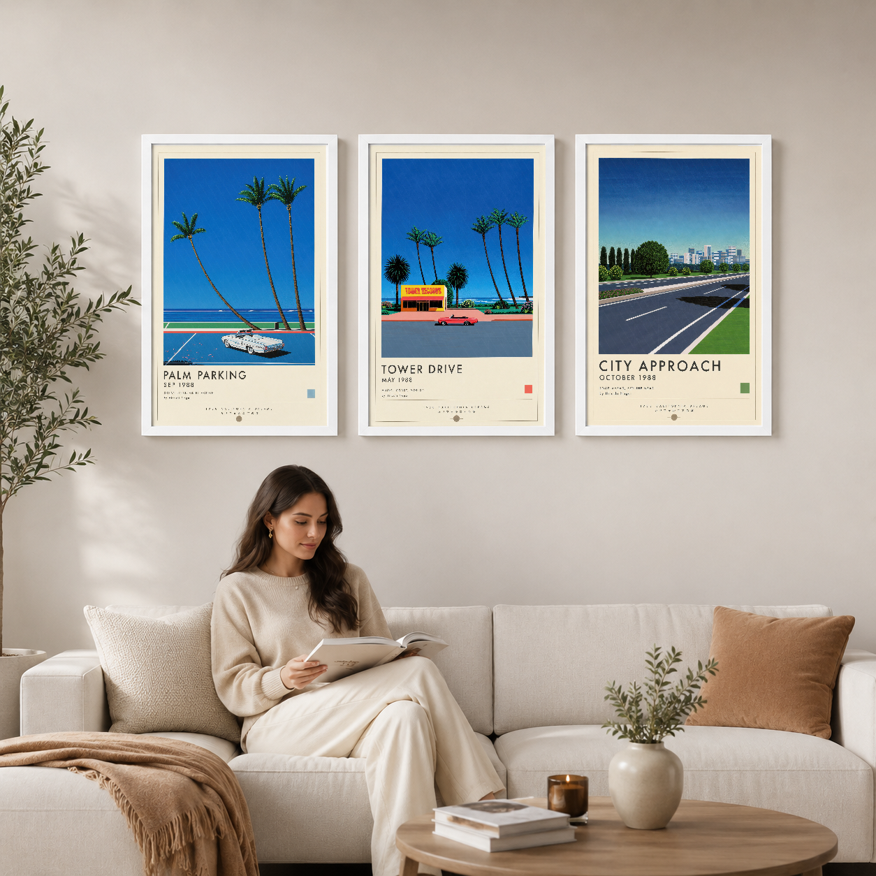 Retro tarz üç tabloluk poster seti, palmiye ağaçları ve klasik otomobil sahneleriyle modern oturma odasını canlandırıyor.