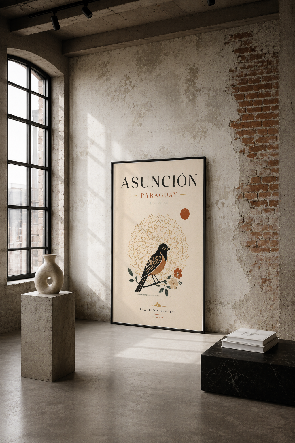 Asunción Paraguay temalı kuş illüstrasyonlu poster, endüstriyel bir mekanda duvarına asılmış.