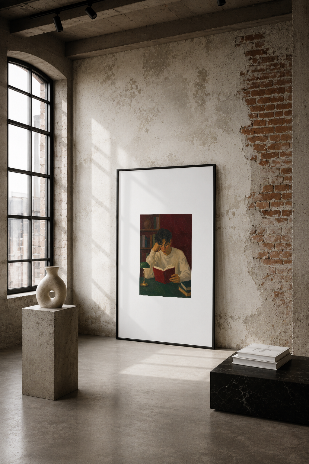 Kitap okuyan genç figürünü tasvir eden sıcak tonlu sanat tablosu, endüstriyel loft ortamında sergileniyor.