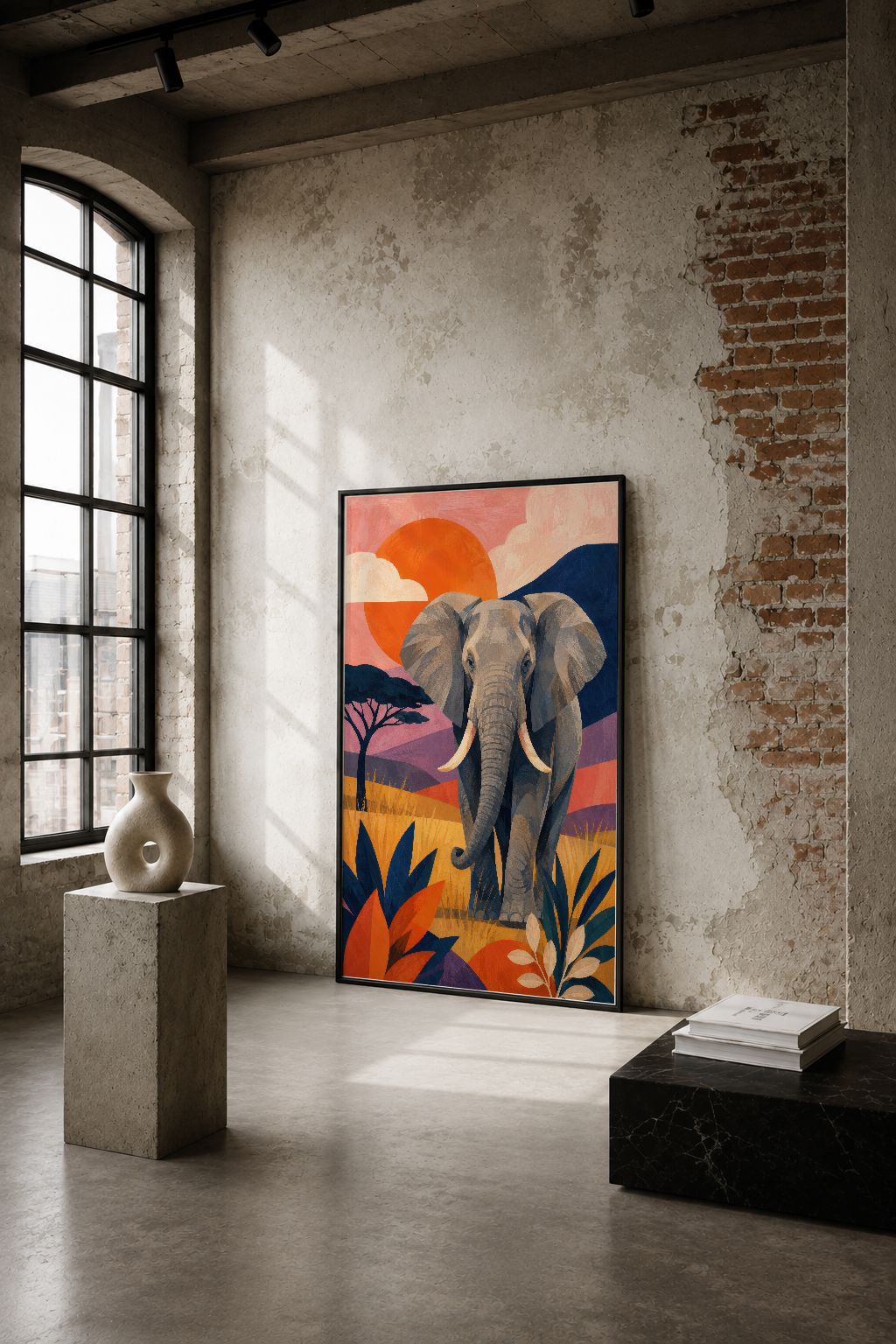 Afrika fil portresi, turuncu güneş ve canlı bitki motifleriyle bohem tarzda tasarlanmış modern sanat tablosu.