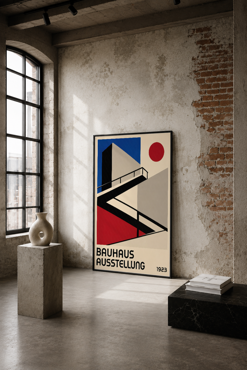 1923 Bauhaus Ausstellung posteri, soyut geometrik tasarımı ve renkli şekilleriyle endüstriyel mekanda duvar sanatı.