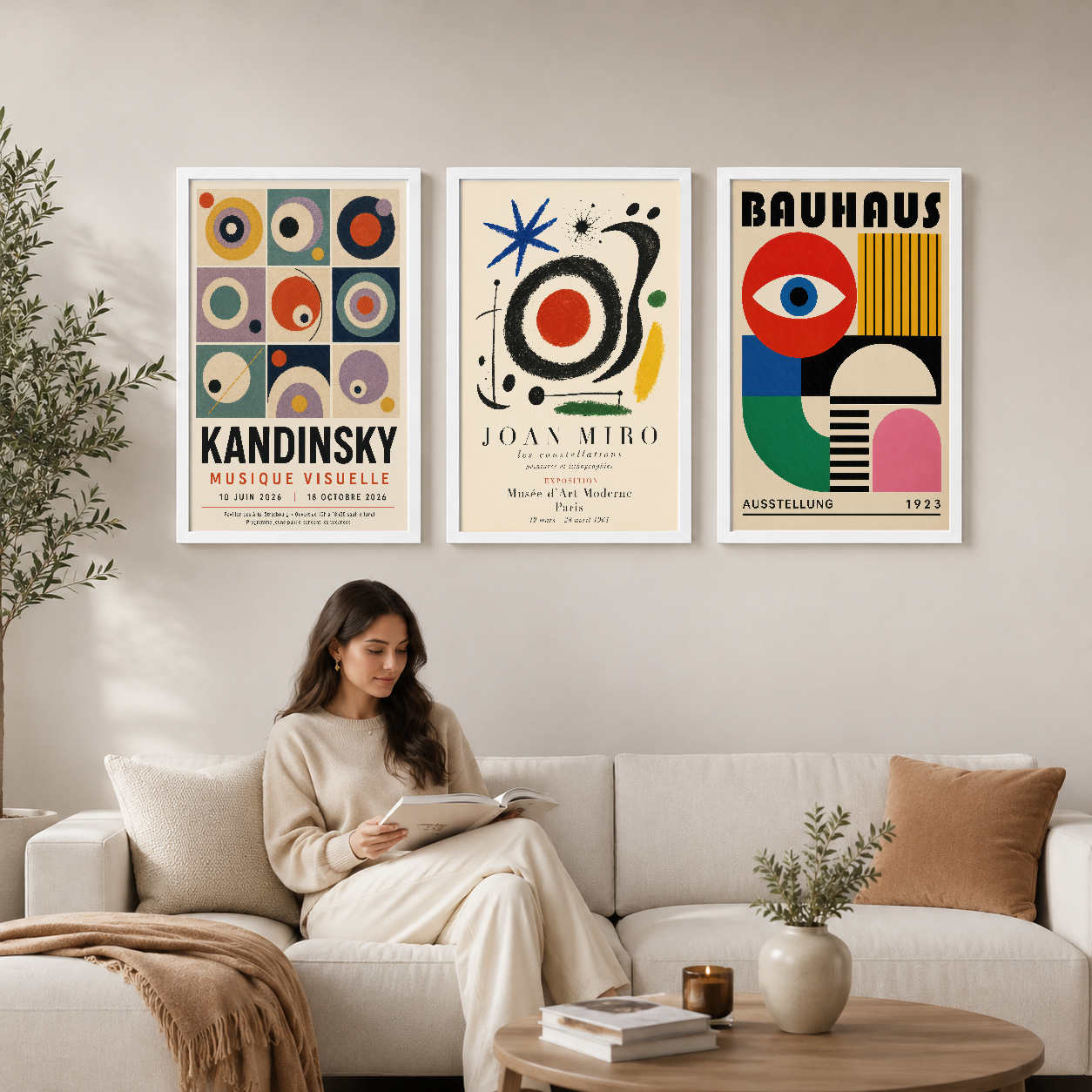 Kandinsky, Joan Miró ve Bauhaus sanat posteri seti, modern oturma odasında kanepenin üstünde sergileniyor.