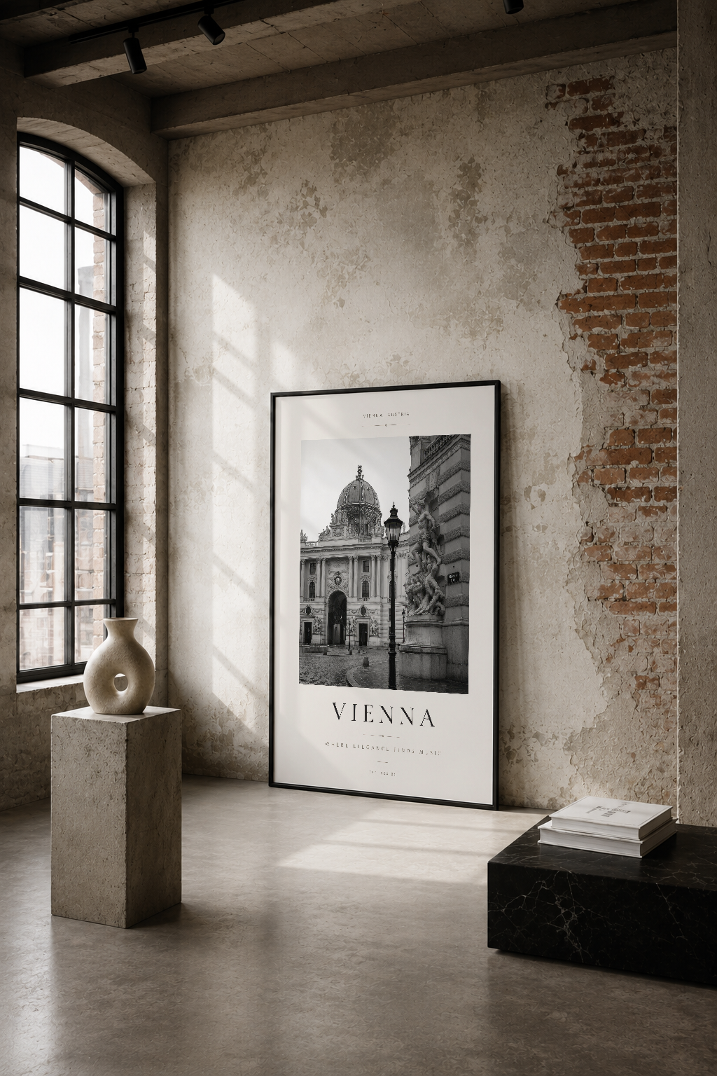 Viyana mimarisi siyah-beyaz poster, endüstriyel loft ortamında çıplak tuğla duvar üstünde sergileniyor.