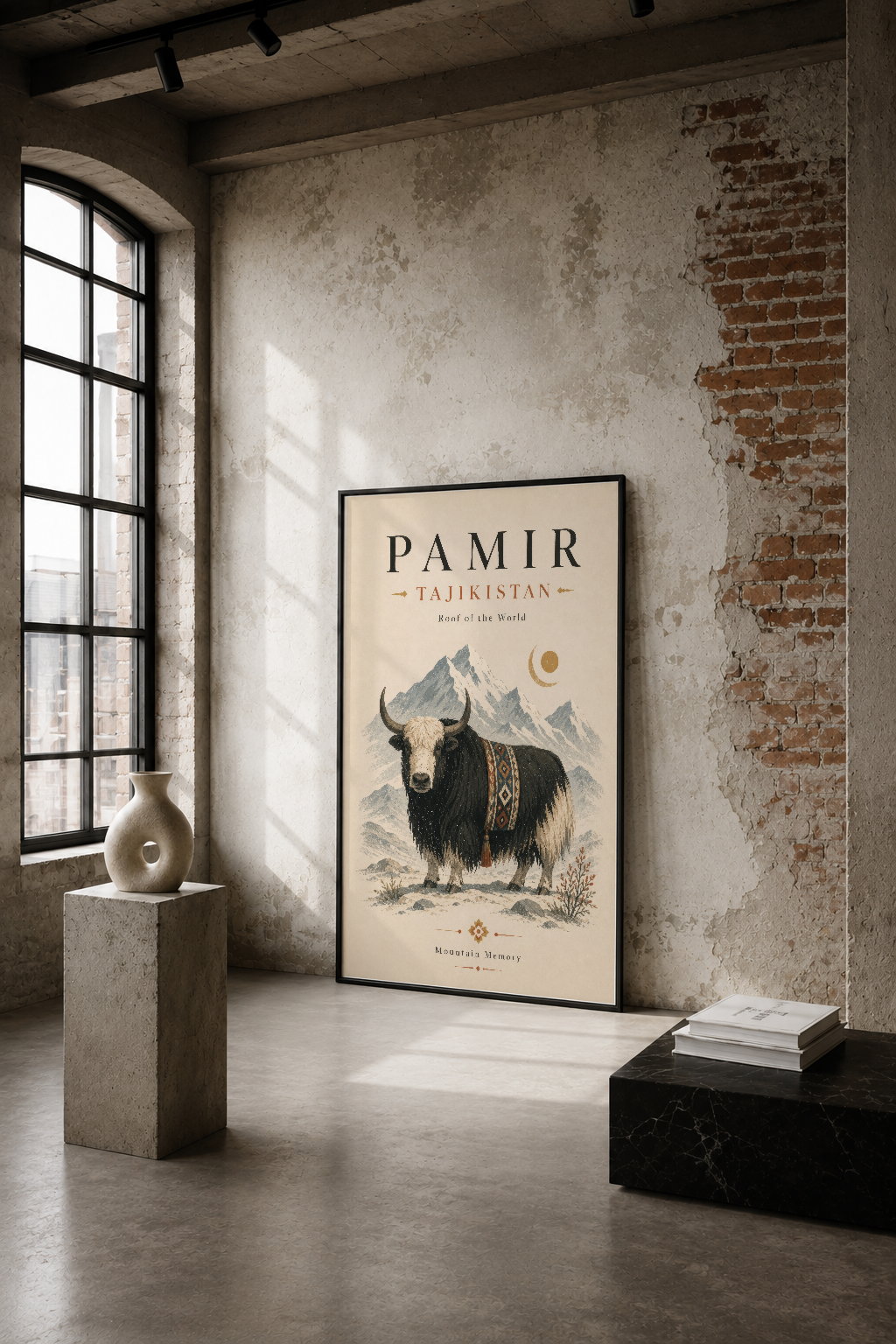 Pamir Tacikistan tablosu, endüstriyel loft tasarımda, yak motifiyle dağ atmosferi yaratan sanat eseri.