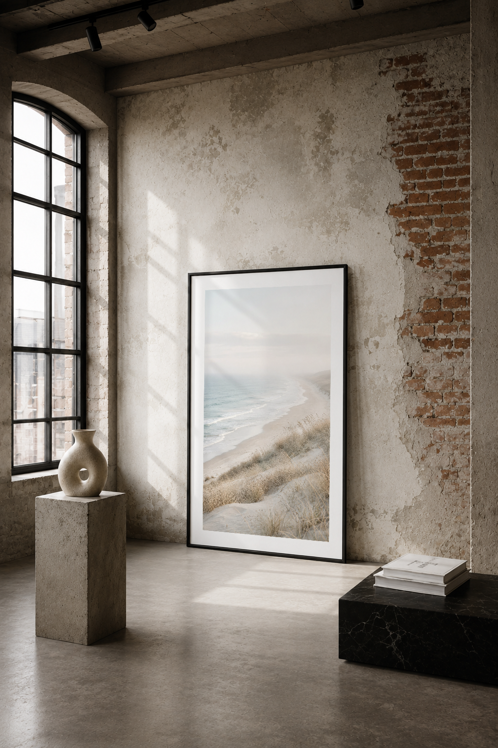 Kum tepeleri ve deniz manzarası tasvir eden sakin, minimalist tablo, endüstriyel odada sade çerçevede sergileniyor.