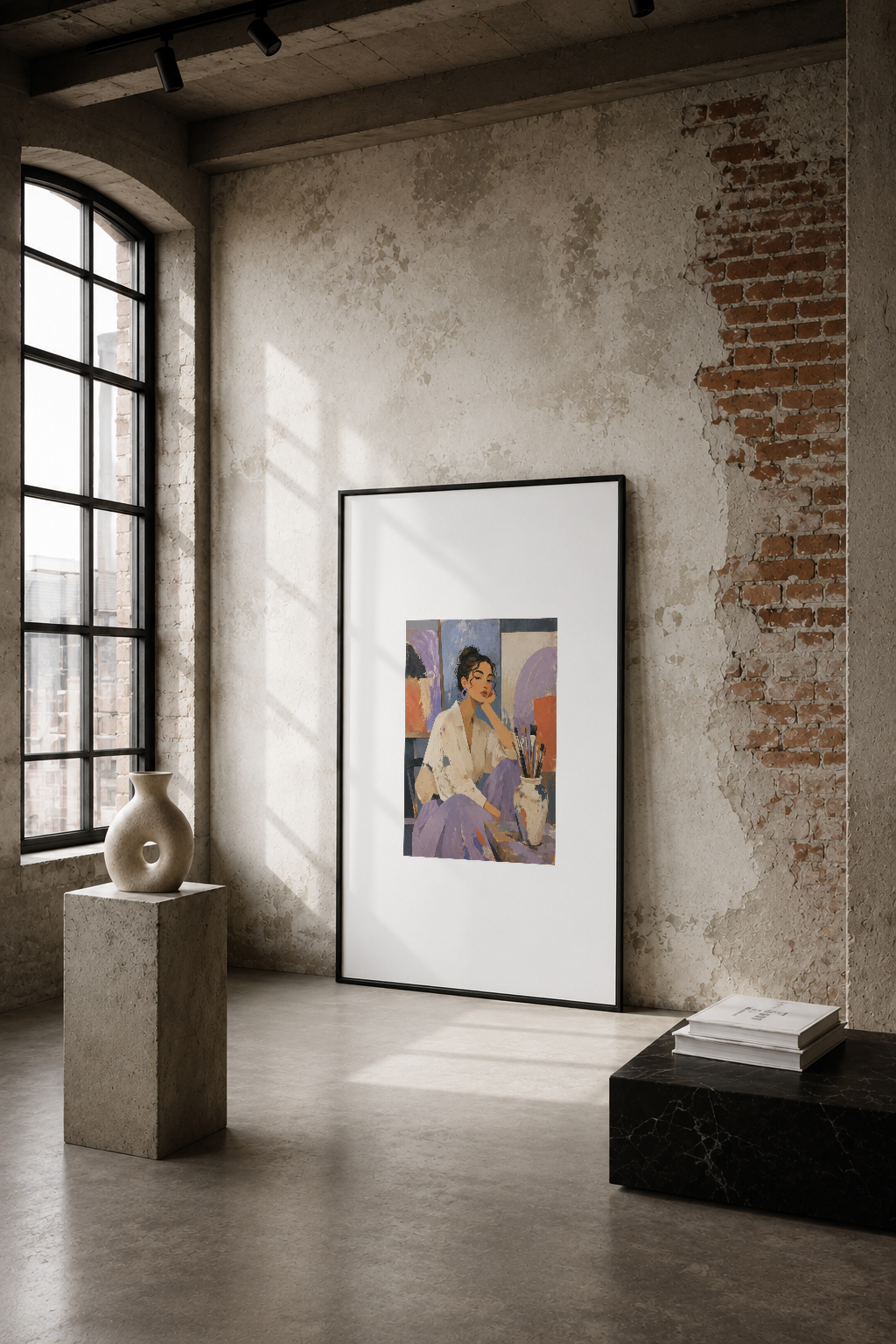 Endustriyel stüdyoda siyah çerçeveli modern ressam portresi, çin ve kütüphaneli minimal dekor ortamında.