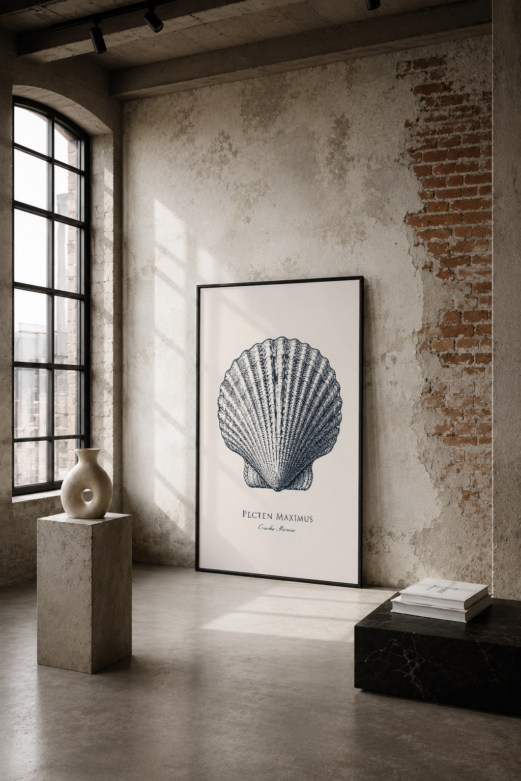 Endüstriyel bir mekan içinde, taş duvarın önünde Pecten Maximus kabuk motifi taşıyan siyah çerçeveli poster.