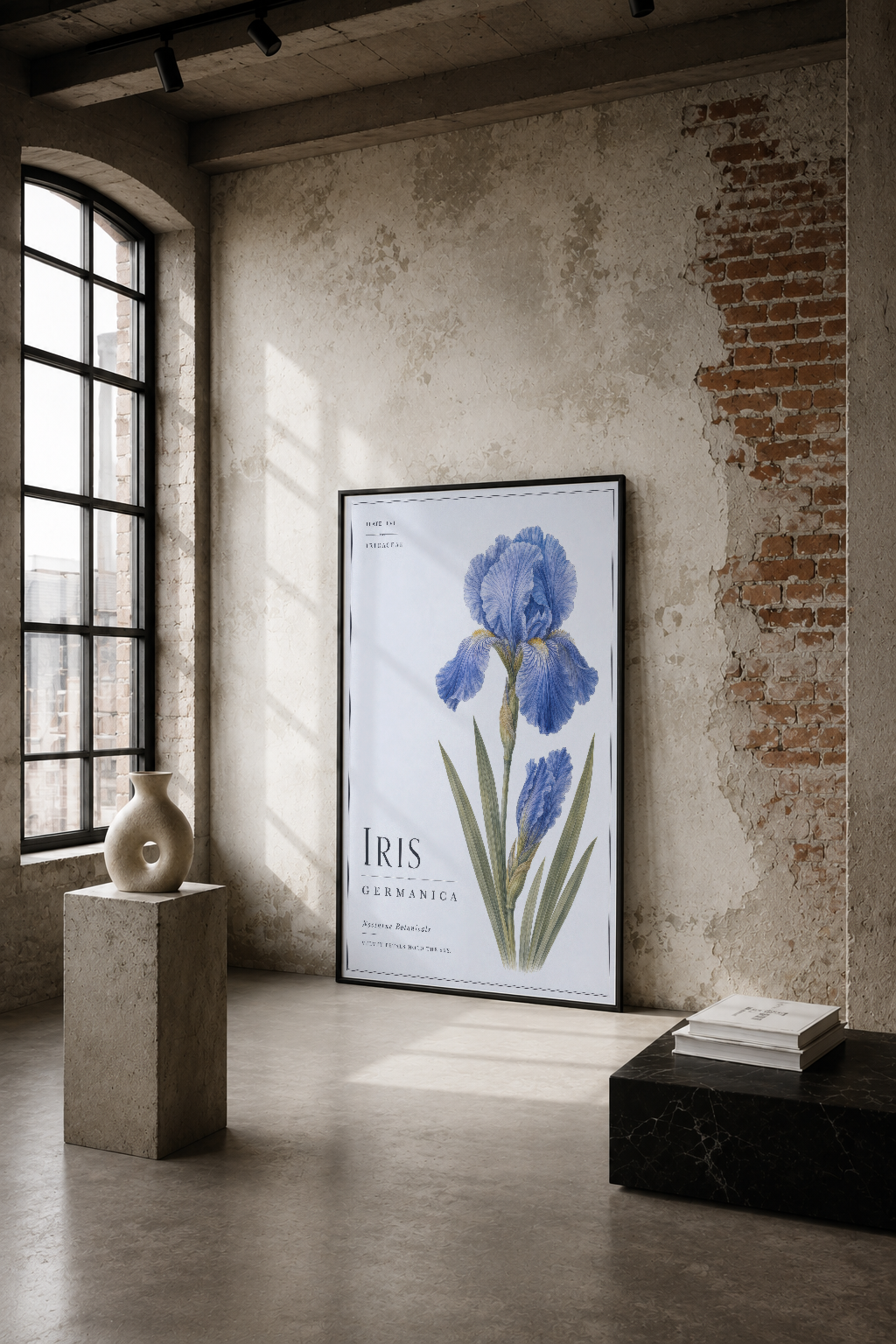 Endüstriyel minimalist mekanda, çimento duvarlar arasında mavi iris çiçeği botanik tablosu.