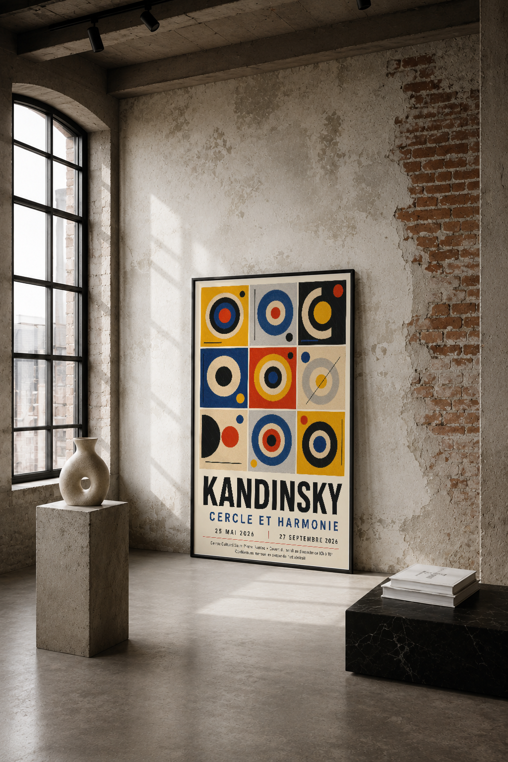 Kandinsky Çemberler ve Uyum tablosu, endüstriyel stilin egemen olduğu minimalist bir mekanda.