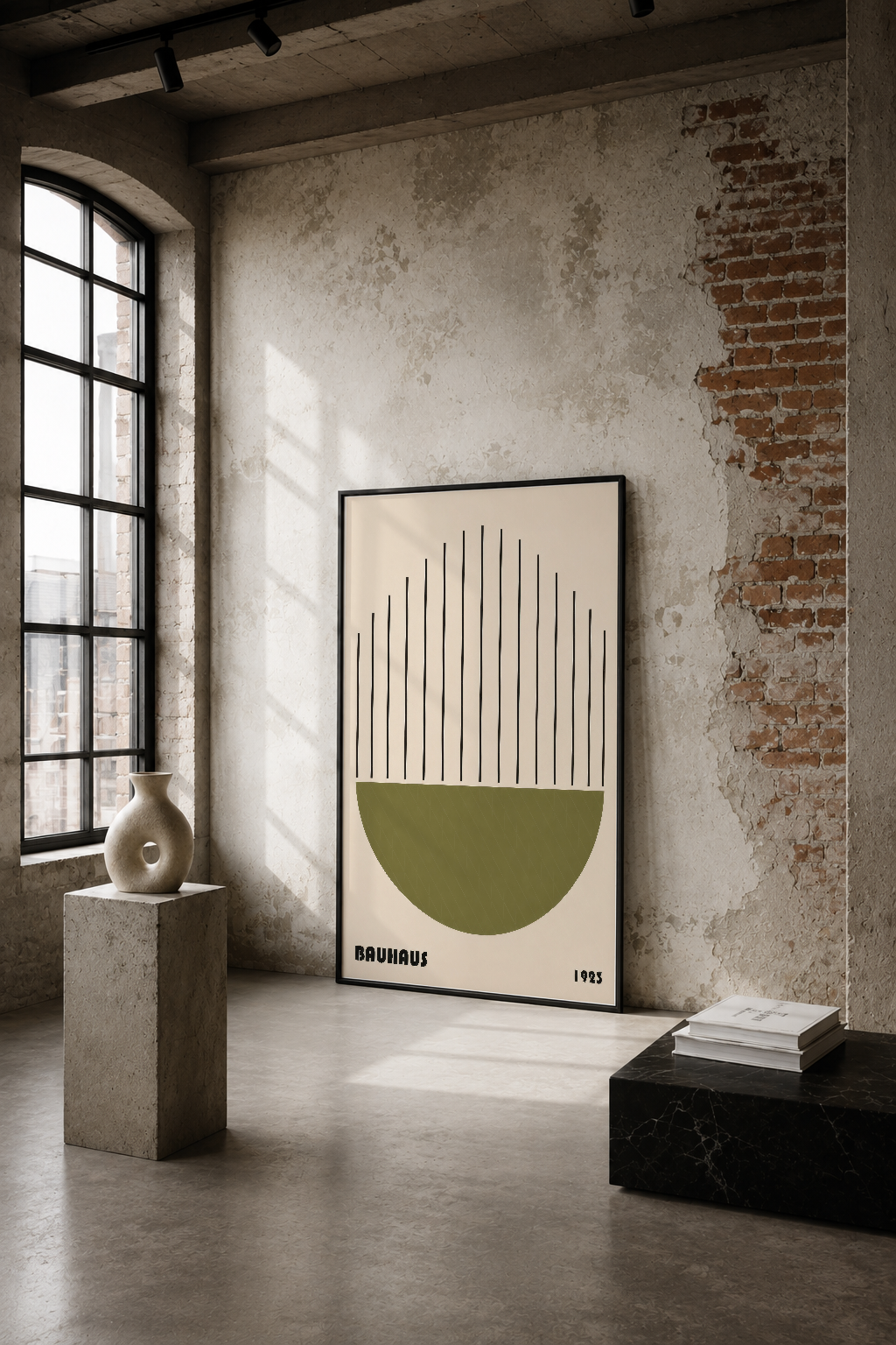 Bauhaus tarzı geometrik poster, yeşil yarım daire ve siyah dikey çizgilerle minimalist tasarım.