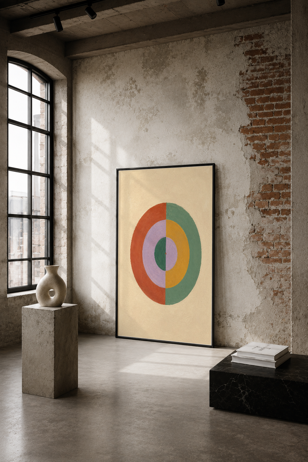 Retro geometrik daire motifi taşıyan minimalist poster, endüstriyel bir mekanda duvar sanatı olarak sergilendi.