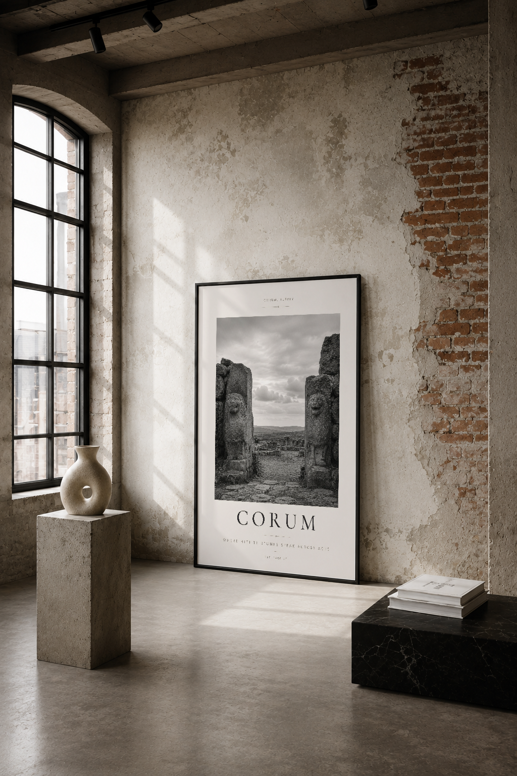 Antik Corum tapınağının siyah-beyaz fotoğrafını gösteren minimalist poster, endüstriyel loft dekorasyonunda.