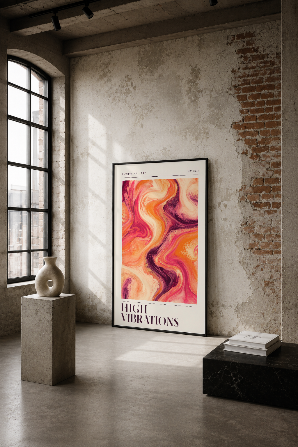 Sıvı desen tablوsu soyut sanat stilinde, endüstriyel loft mekanında duvarında sergilenen modern poster.