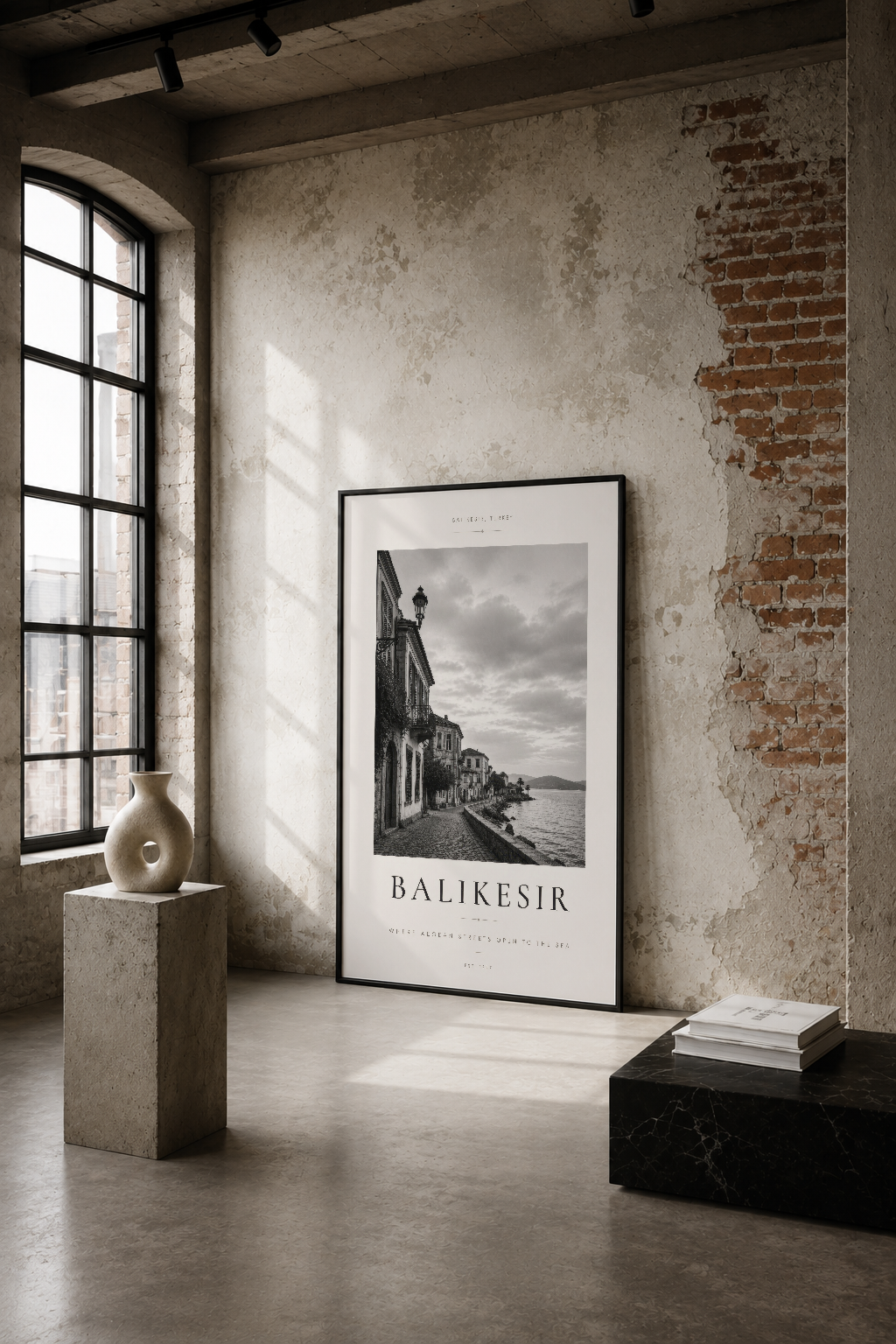 Balikesir poster, endüstriyel loft dekorunda siyah çerçevede, deniz manzarası teması ve minimalist estetik.