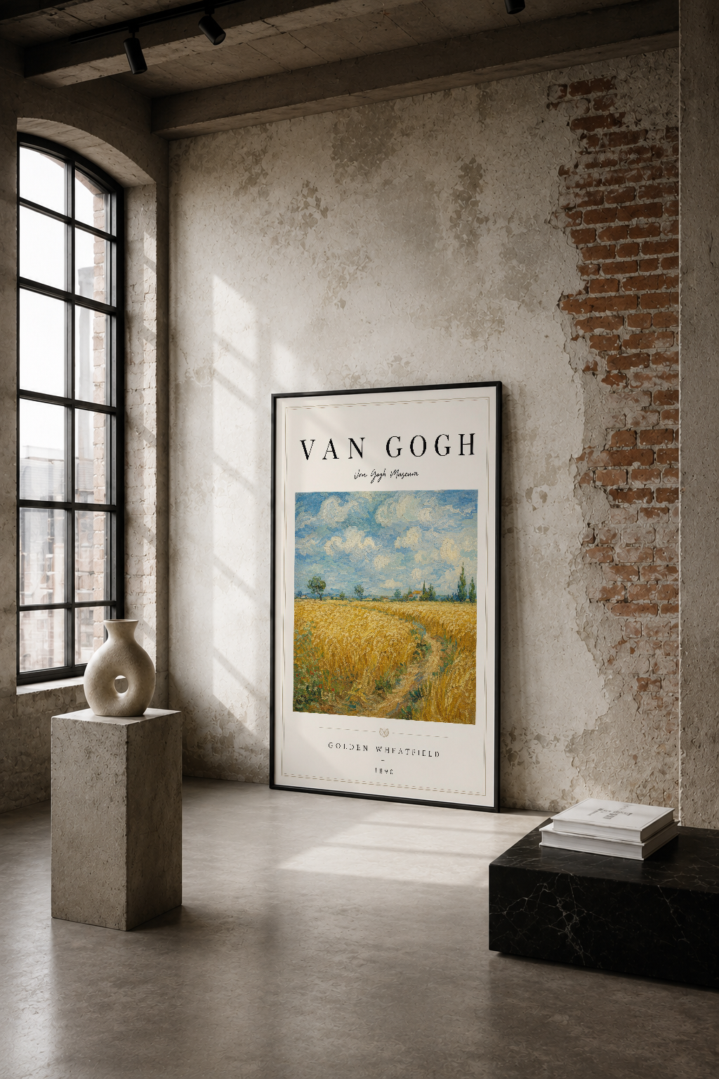 Van Gogh Altın Buğday Tarlası posteri, endüstriyel loft ortamında tuğla ve beton duvarlar arasında sergilenen sanat eseri.