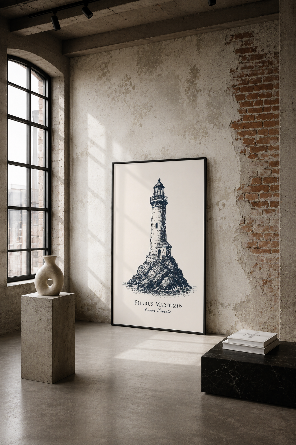 Pharus Maritimus feneri tasarımı, endüstriyel alanında siyah çerçeveli poster olarak sergileniyor.