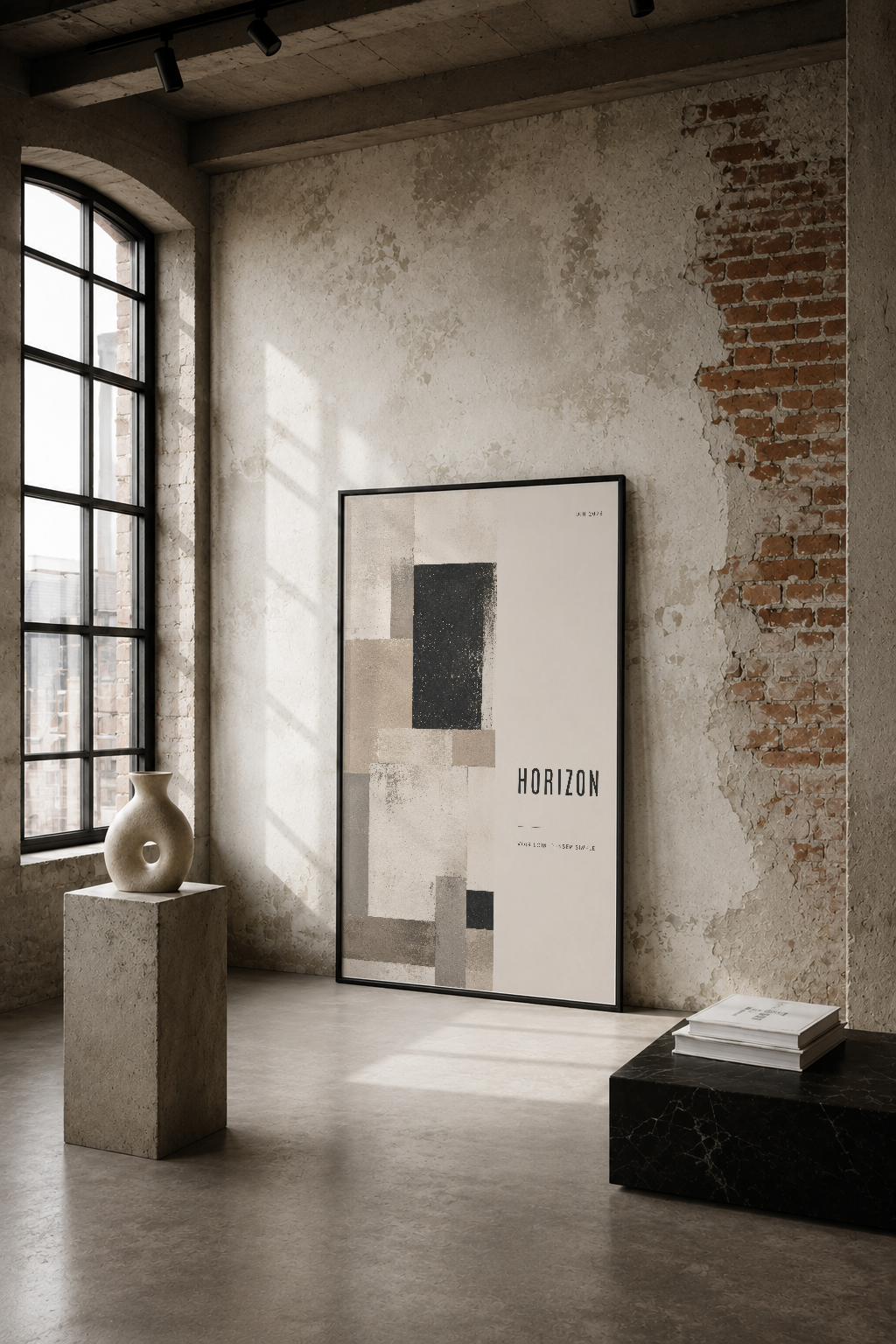 Soyut geometrik tasarımlı Horizon tablosu, endüstriyel loft stilde tuğla duvarın yanında minimalist bir şekilde sergileniyor.
