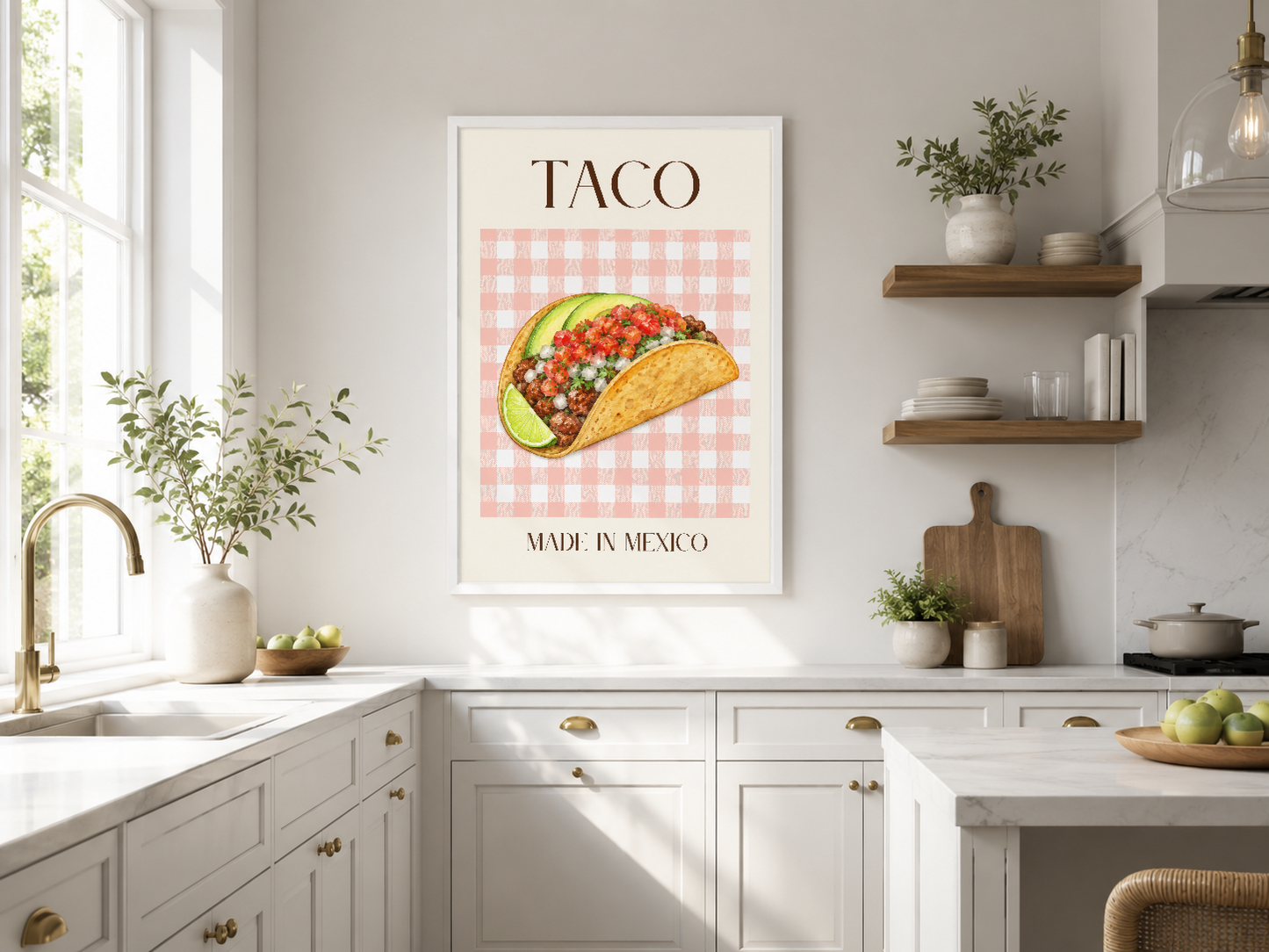 Pembe kareli zemin üzerinde taze sebzeli taco illüstrasyonu, Mexican yapım yazılı retro mutfak tablosu.