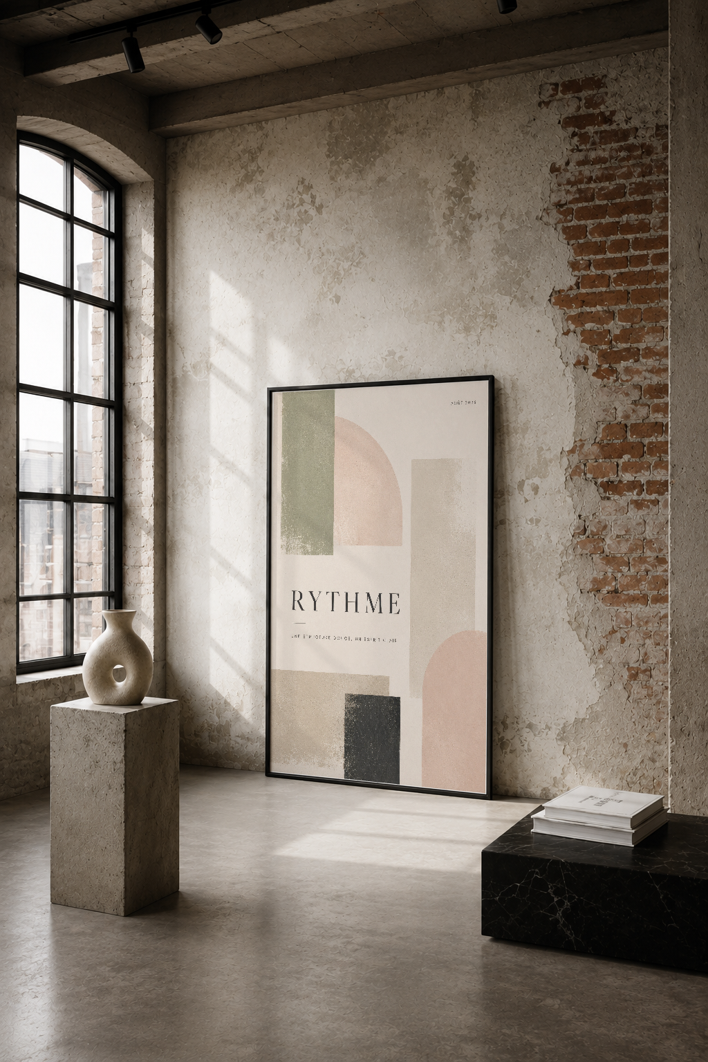 Rythme soyut sanat tablosu, endüstriyel loft ortamında çıplak tuğla duvarın yanında sergileniyor.