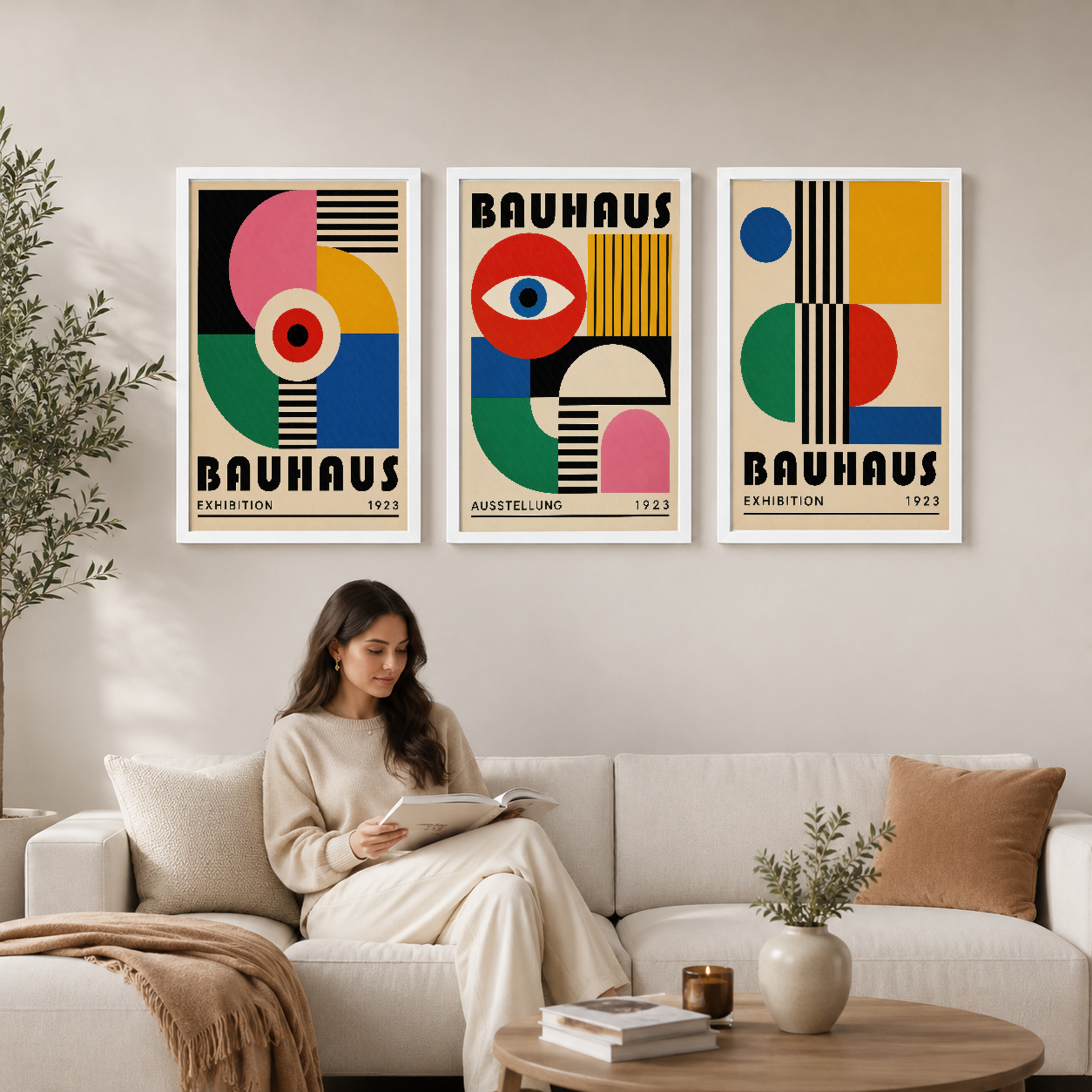 Bauhaus tasarımı, canlı renkler ve geometrik şekillerin uyum sağladığı üç parçalı poster seti oturma odasında.