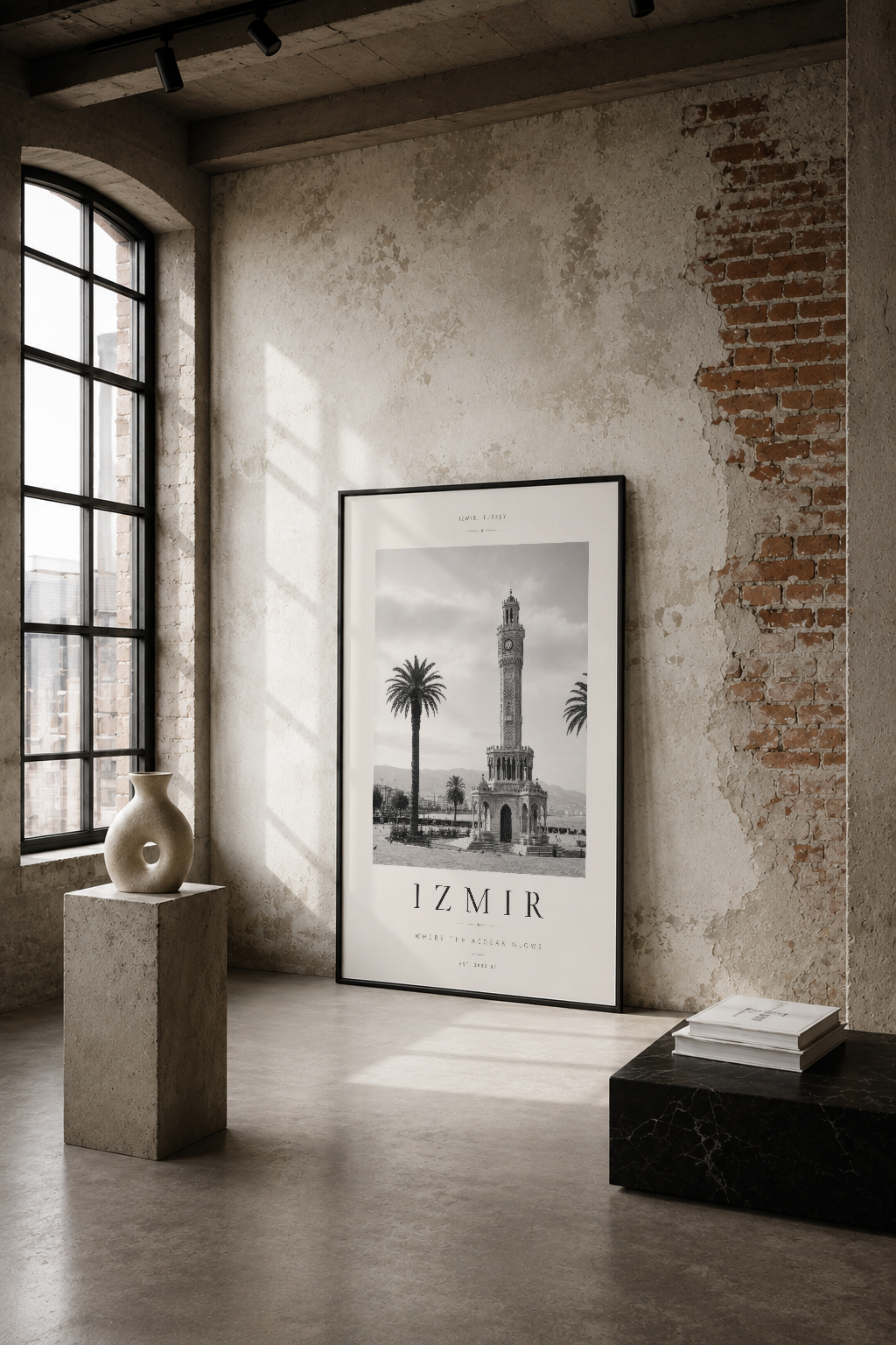 İzmir Saat Kulesi'nin siyah beyaz fotoğrafını gösteren modern poster, endüstriyel loft alanında duvar tablosunda