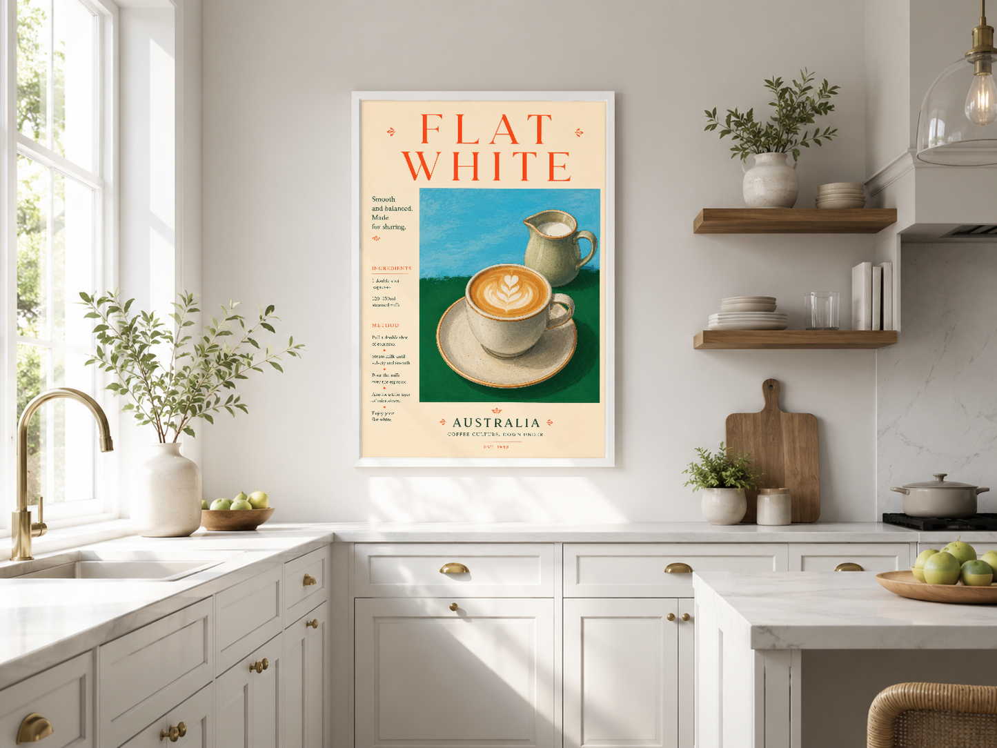 Avustralya temalı Flat White posteri, modern beyaz mutfakta latte sanatı ve kahve kültürü tasarımı