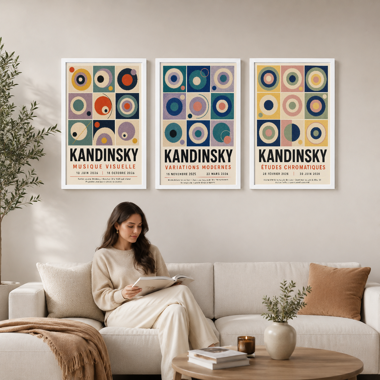 Kandinsky'nin geometrik dairelerinden oluşan renkli üç panel tablo, modern oturma odasında kanepenin üstünde asılı.