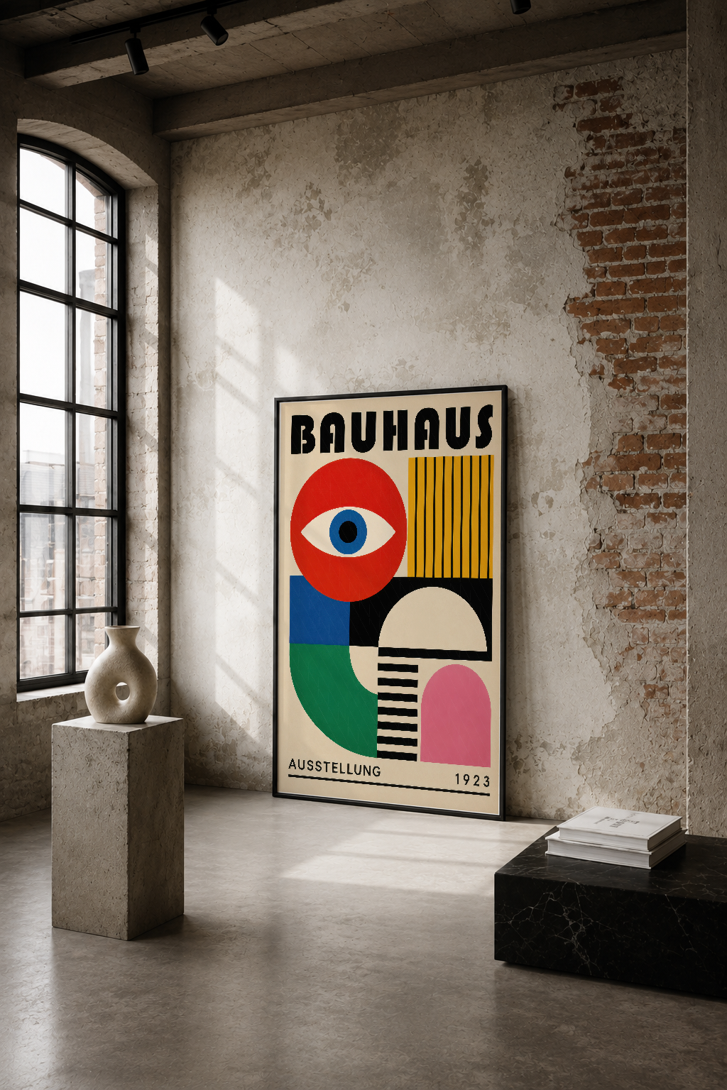Bauhaus 1923 sergisi afişi, endüstriyel loft ortamında geometrik tasarım ve renkli soyut formlarla modern sanat estetiklerini